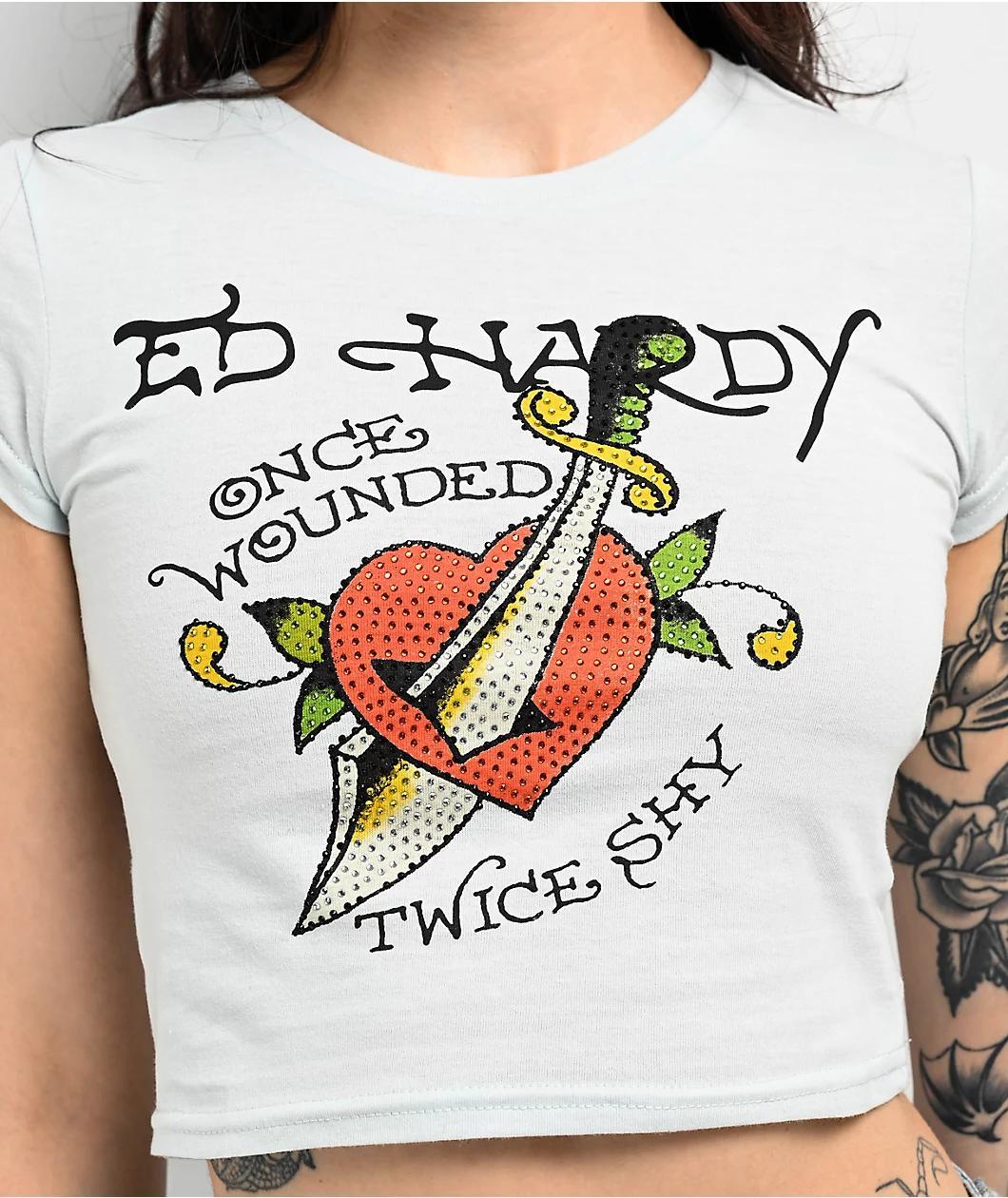 Ed Hardy Twice Shy Rhinestone Arctic Blue Crop T-Shirt Product Image