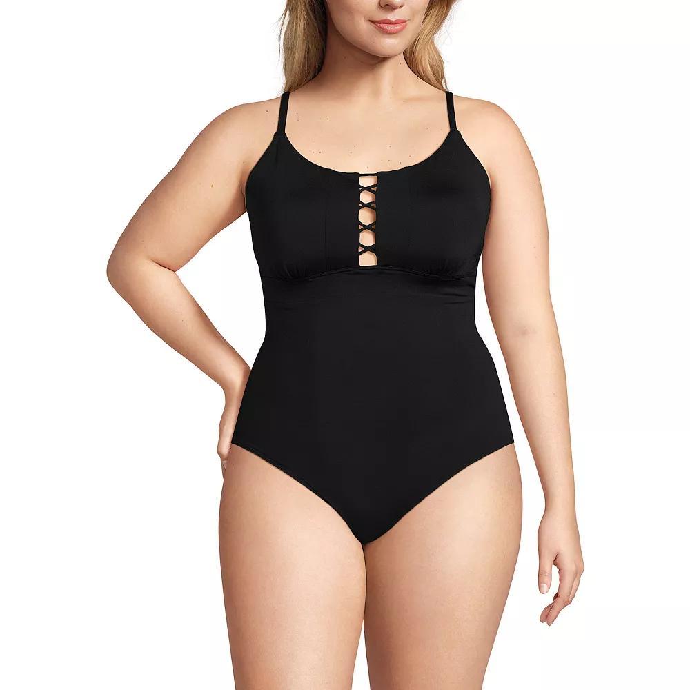 Plus Size Lands' End Lace-Up Front One-Piece Swimsuit, Women's, Size: 20 W, White Stripe Product Image