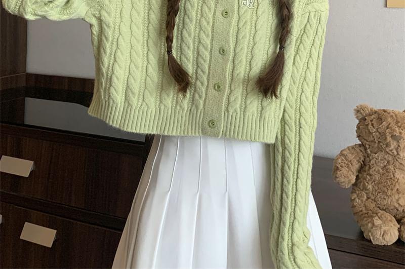 Crew Neck Plain Cable Knit Button-Up Crop Cardigan Product Image