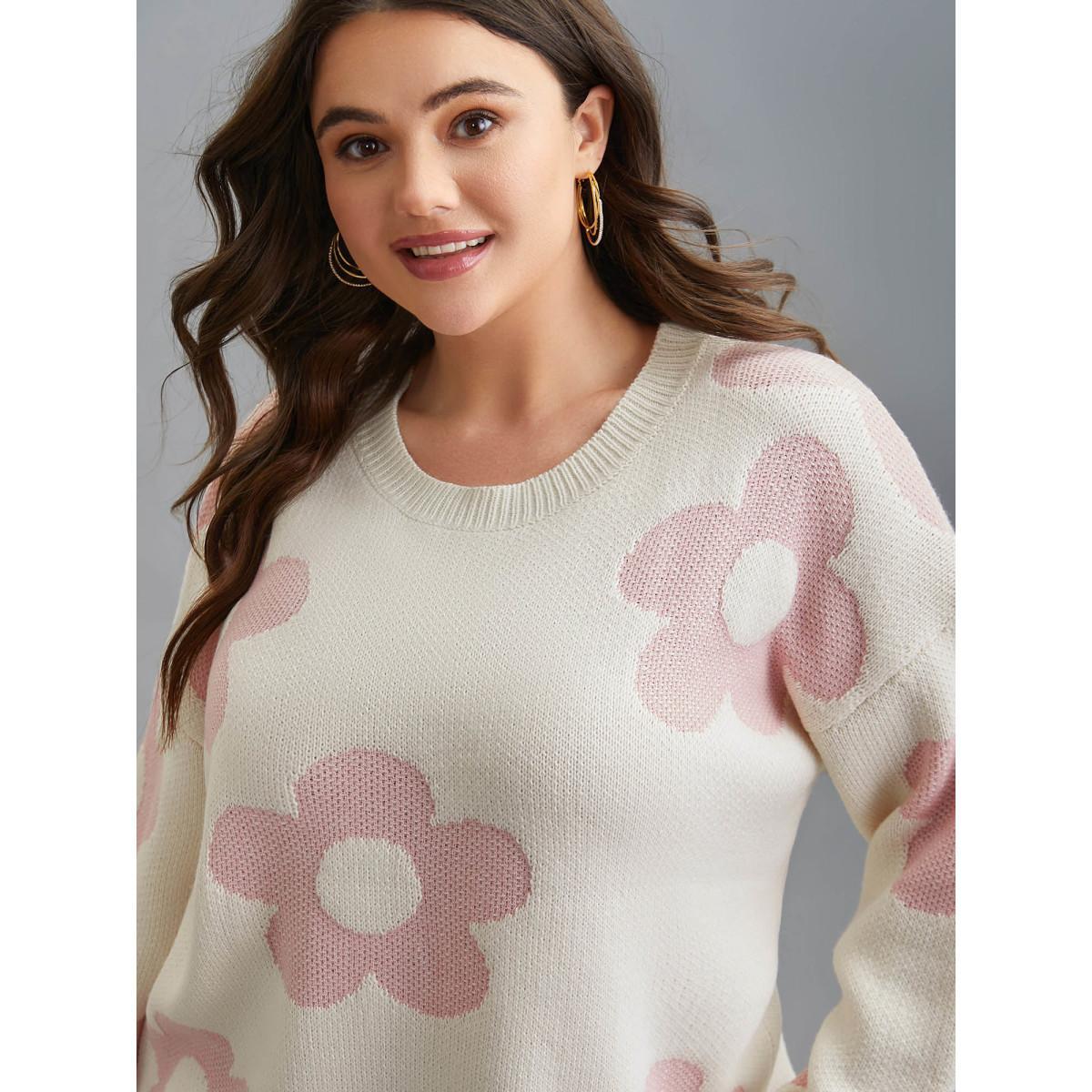 Plus Size Round Neck Floral Pattern Pullover Ivory Women Casual Loose Long Sleeve Round Neck Everyday Pullovers BloomChic 30/6X Product Image