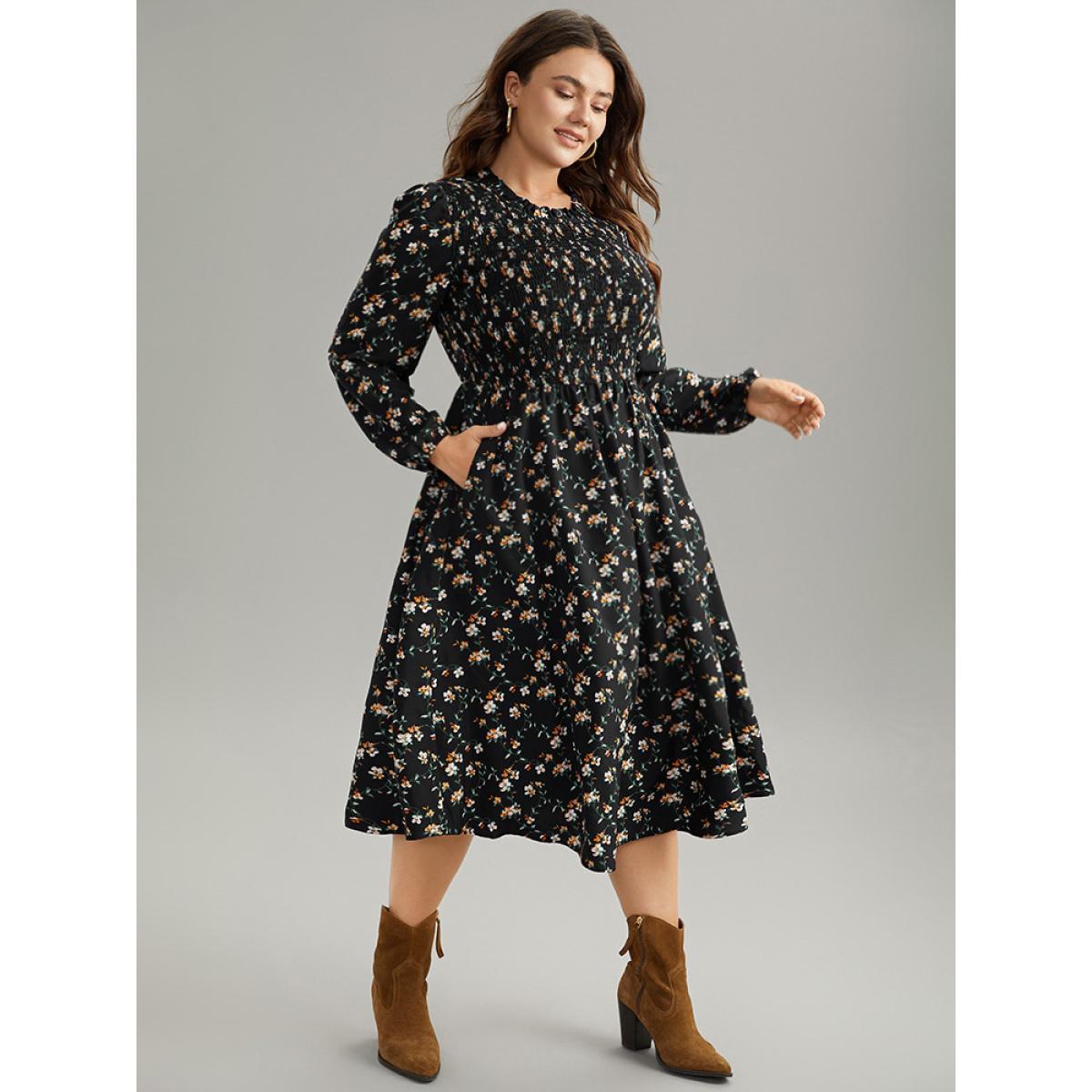 Plus Size Ditsy Floral Frill Trim Shirred Dress Black Women Elegant Elastic cuffs Mock Neck Long Sleeve Curvy Midi Dress BloomChic 18-20/2X Product Image