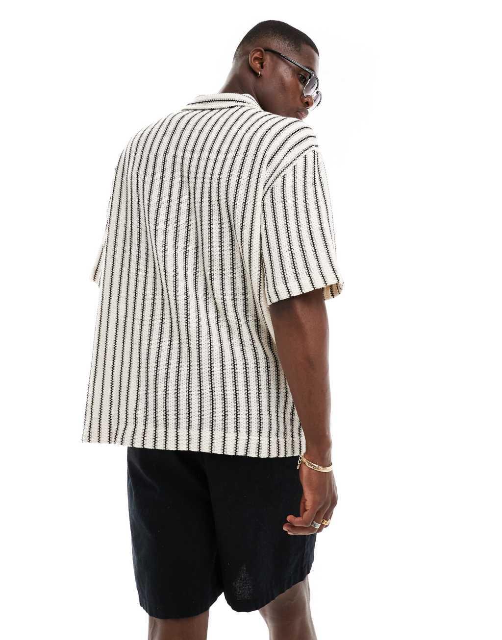 Bershka textured camp collar striped shirt in ecru  Product Image