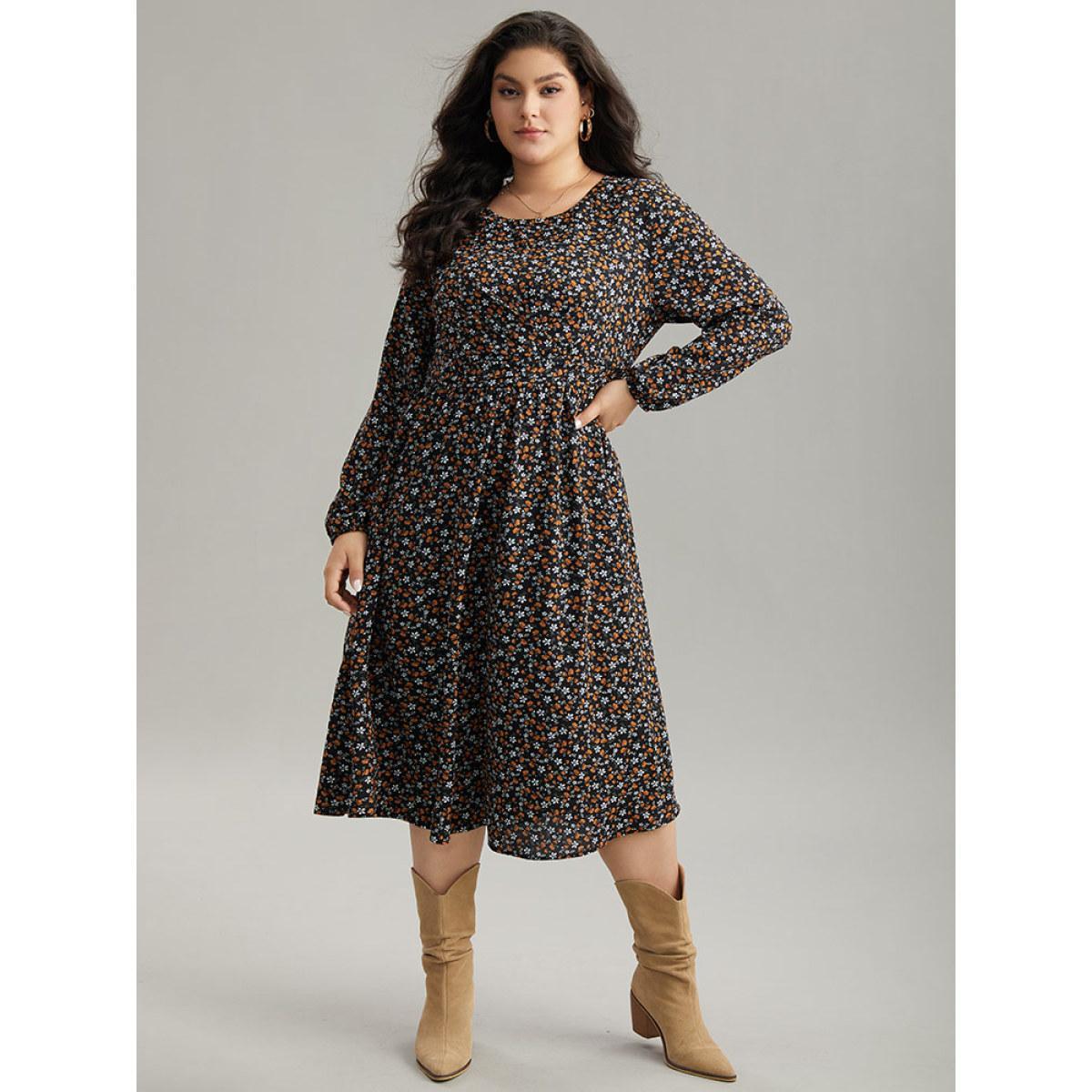 Plus Size Ditsy Floral Pocket Lantern Sleeve Knee Dress Black Women Elegant Elastic cuffs Round Neck Long Sleeve Curvy Midi Dress BloomChic 14-16/1X Product Image