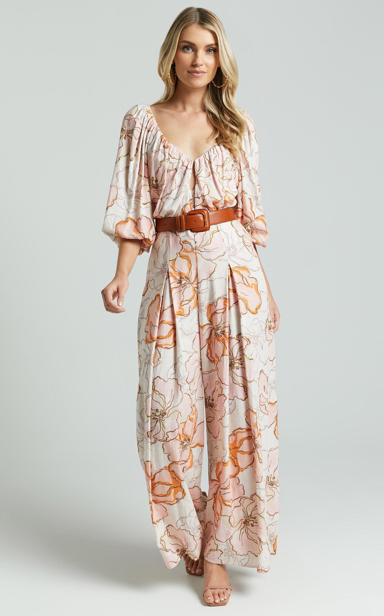 Amalie The Label - Berenice Linen Blend Puff Sleeve Wide Leg Jumpsuit in Maison Fleur Product Image