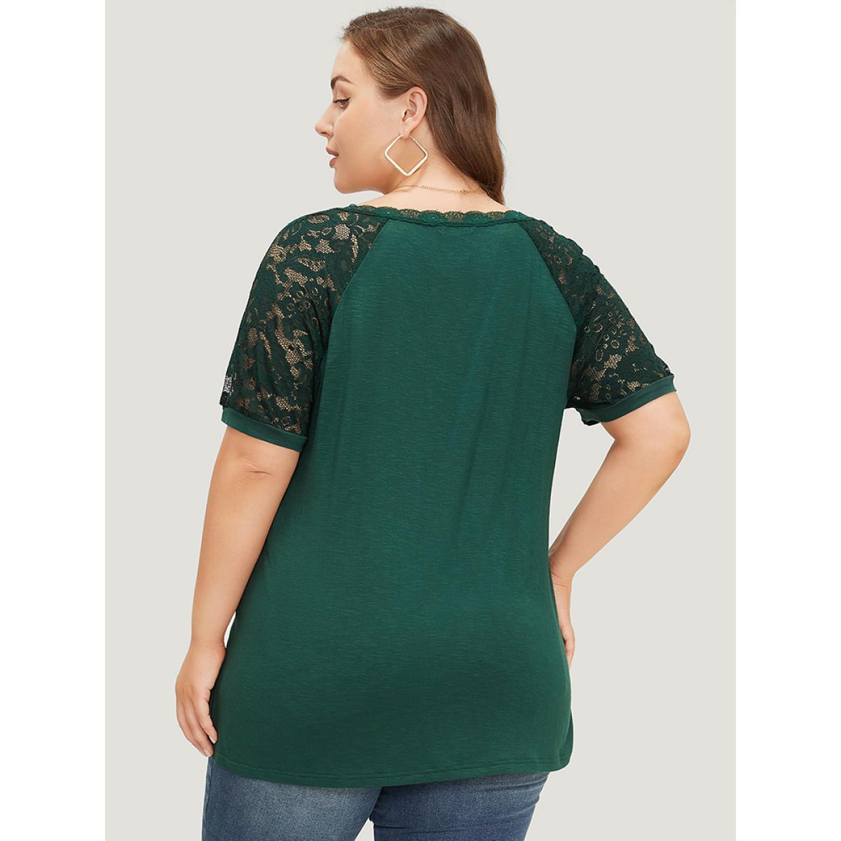 Plus Size Plain Button Detail Lace Heather T-shirt DarkGreen Women Elegant Heather Plain V-neck Dailywear T-shirts BloomChic 10/M Product Image