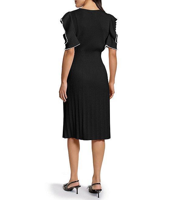 Ming Wang Rib Knit V-Neck Short Cold Shoulder Fit And Flare Midi Dress Product Image