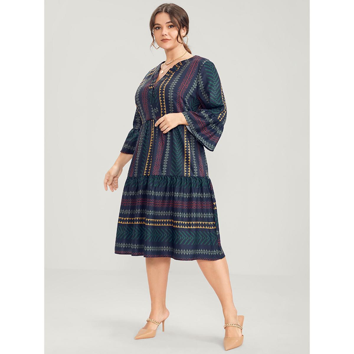 Plus Size Bloom Dress -Geometric Pocket Ruffles V Neck Knee Dress Multicolor Women Vacation Pocket V-neck Elbow-length sleeve Curvy Knee Dress BloomChic 14-16/1X Product Image
