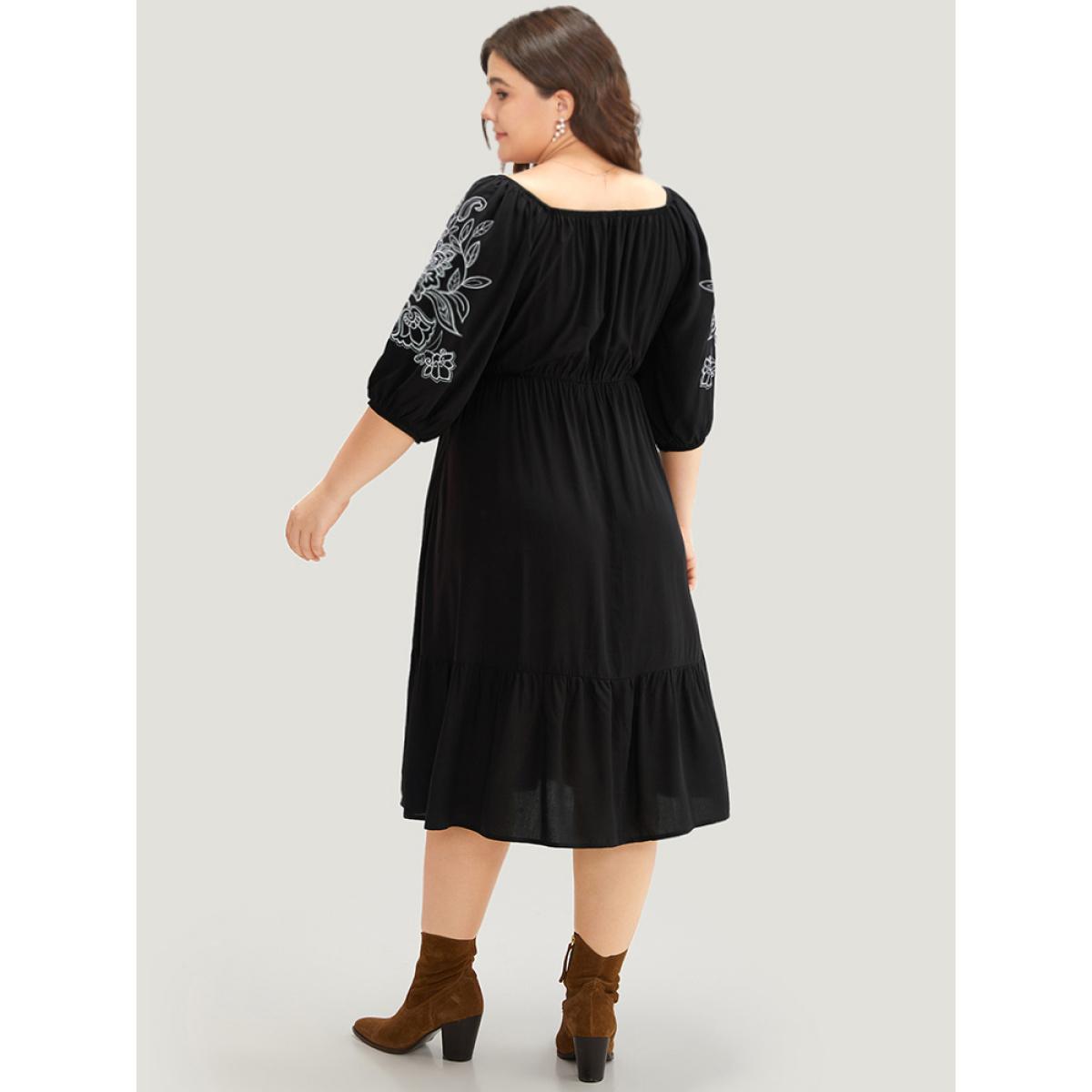 Plus Size Floral Embroidered Pocket Square Neck Lantern Sleeve Dress Black Women Vacation Adjustable Straps Square Neck Half Sleeve Curvy Midi Dress BloomChic 18-20/2X Product Image