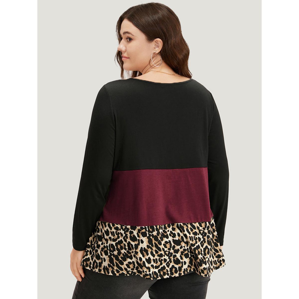 Plus Size Colorblock Leopard Contrast Round Neck T-shirt Red Women Casual Contrast Leopard Round Neck Everyday T-shirts BloomChic 14-16/1X Product Image