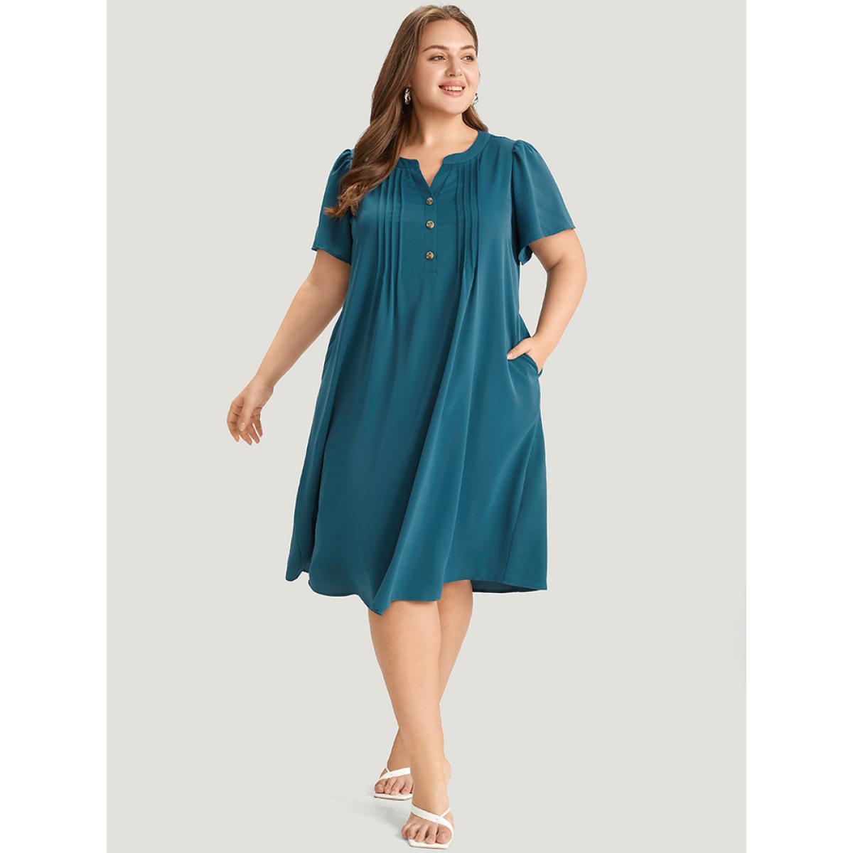 Plus Size Solid Pleated Front Button Detail Notched Ruffle Sleeve Dress Aegean Women Elegant Pleated Notched collar Short sleeve Curvy Knee Dress BloomChic 22-24/3X Product Image