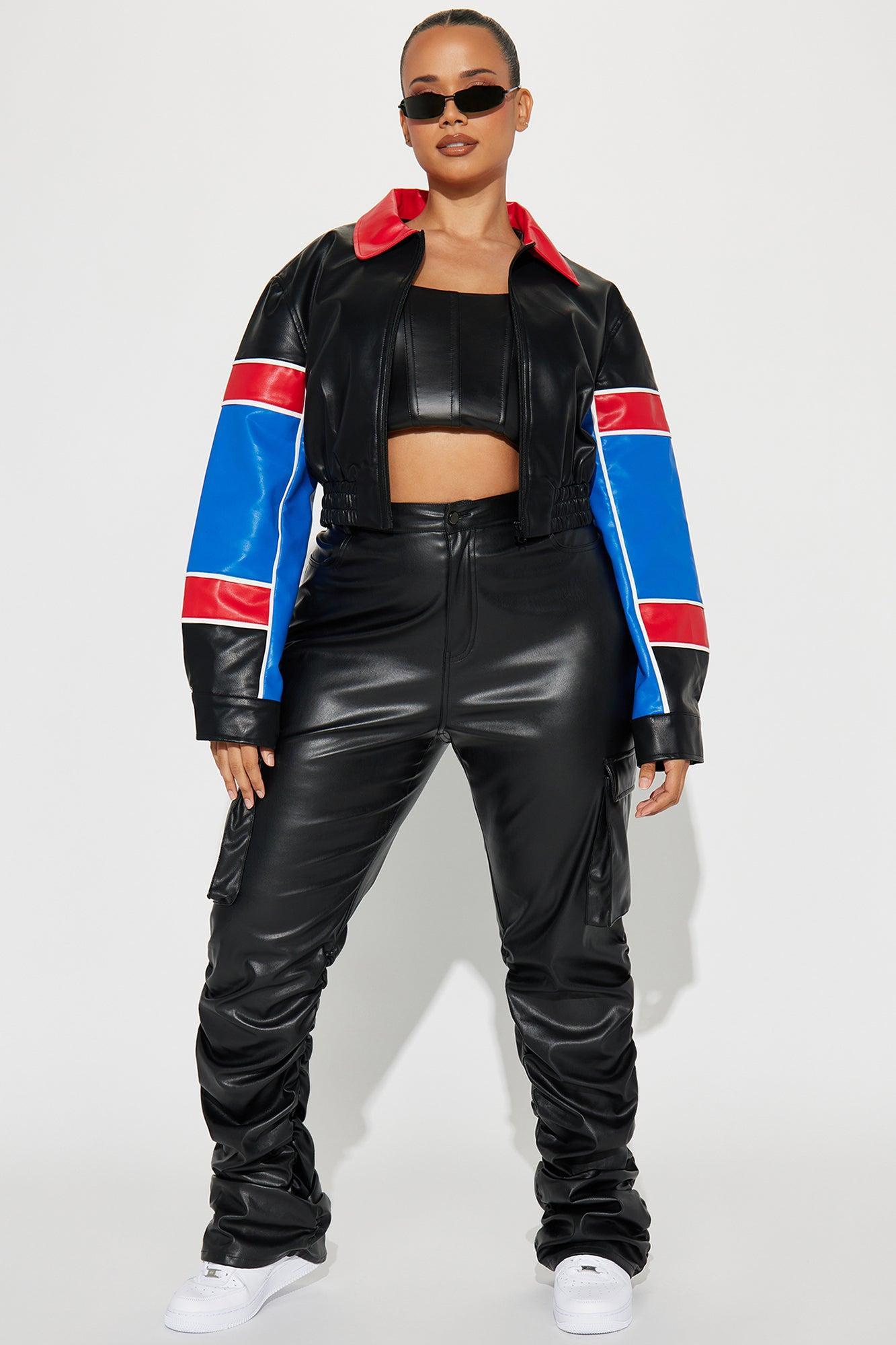 Race Day Fitted Faux Leather Jacket - Blue/combo Female Product Image