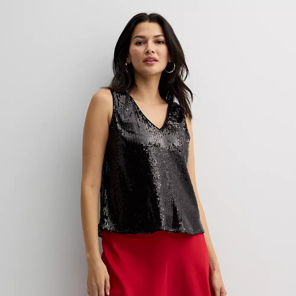 Women's Petite Nine West V-Neck Tank Top, Size: XL Petite, Black Sequin Product Image