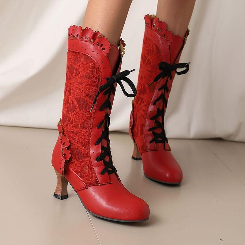 Low-Heel Lace-Up Lace Mid Calf Boots Product Image