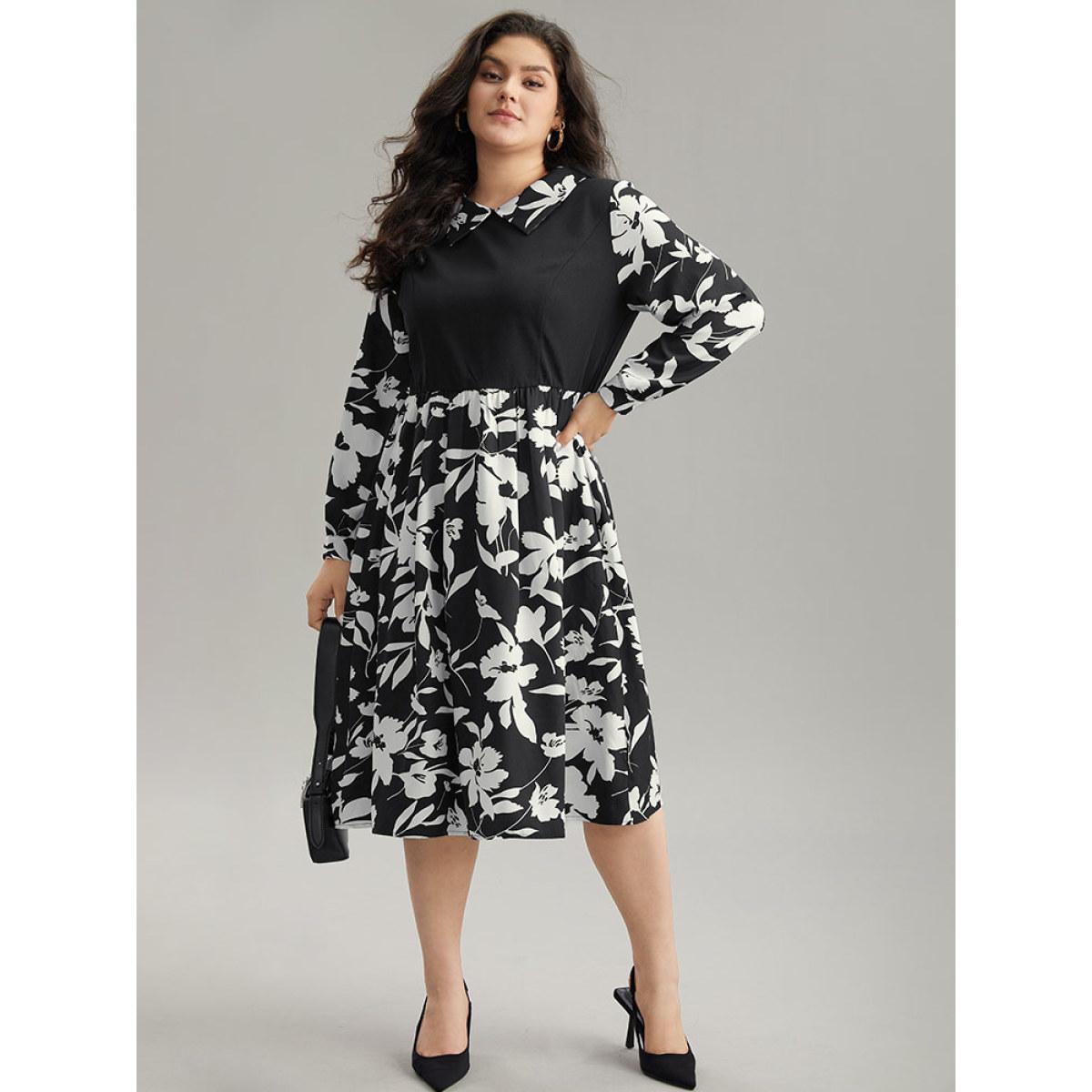 Plus Size Silhouette Floral Print Patchwork Ruffle Hem Dress Black Women Office Printed Lapel Collar Long Sleeve Curvy Midi Dress BloomChic 18-20/2X Product Image