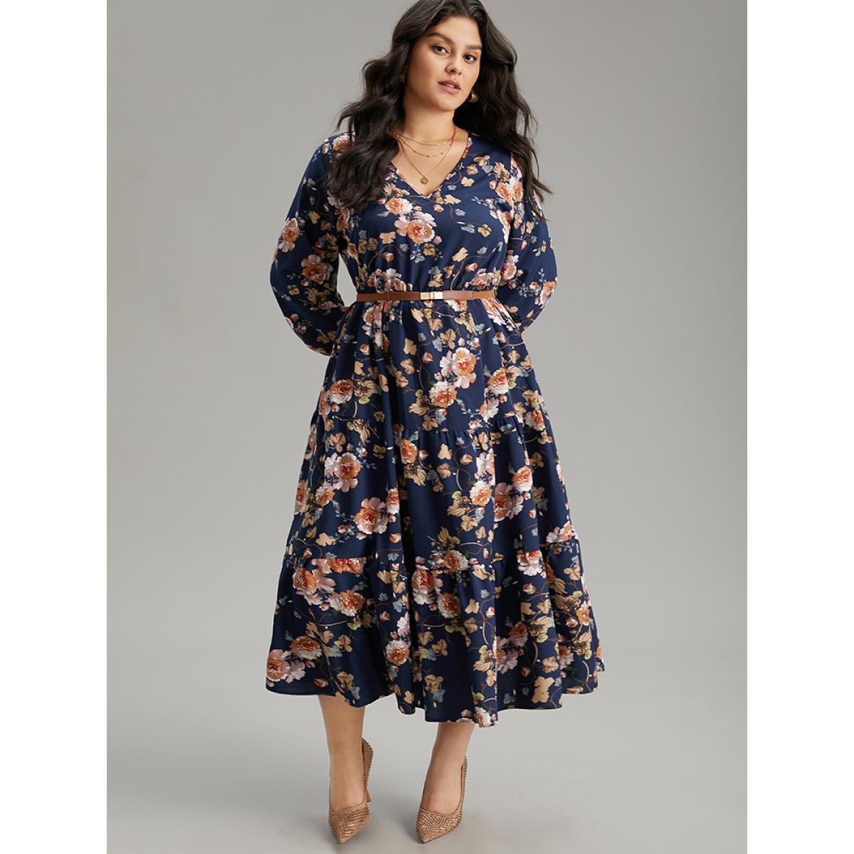 Plus Size Floral Print Pocket Elastic Waist V Neck Dress DarkBlue Women Elegant Elastic cuffs V-neck Long Sleeve Curvy Midi Dress BloomChic 12/L Product Image