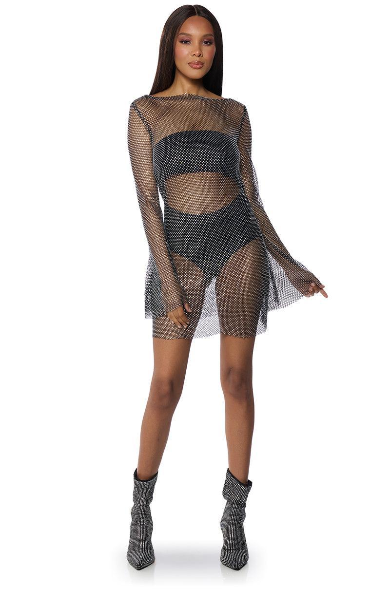 SHE ALL THAT RHINESTONE MESH MINI DRESS IN BLACK Product Image