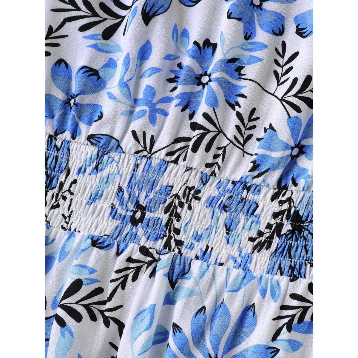 Plus Size Skyblue Floral Notched Collar Shirred Waist Blouse Women Short sleeve Flat collar Everyday-Elegant Blouses BloomChic 14-16/1X Product Image