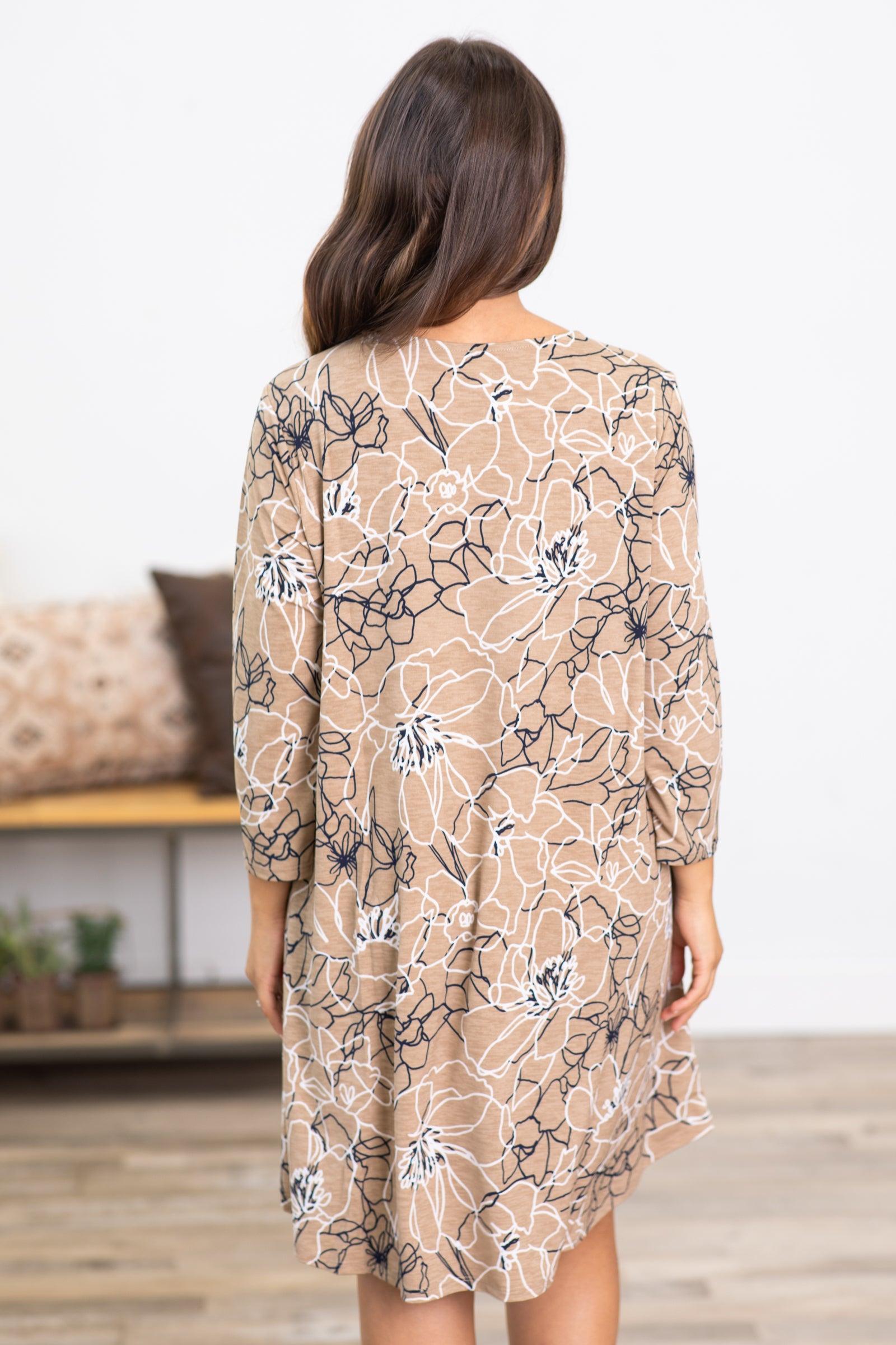 Tan and White Floral Dress With Sleeves Product Image