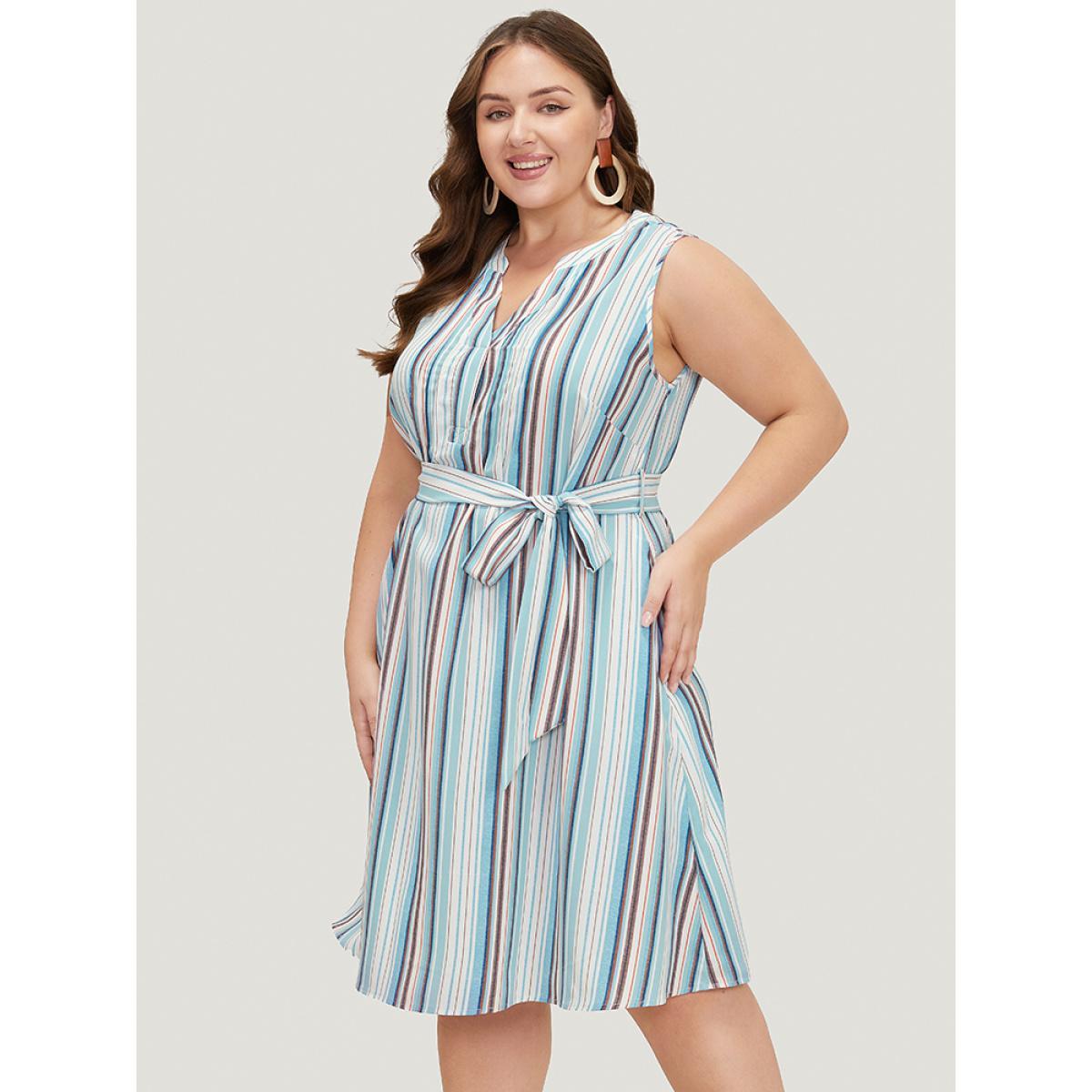 Plus Size Striped Contrast Belted Pocket Notched Tank Dress LightBlue Women Casual Contrast Notched collar Sleeveless Curvy Midi Dress BloomChic 28/5X Product Image