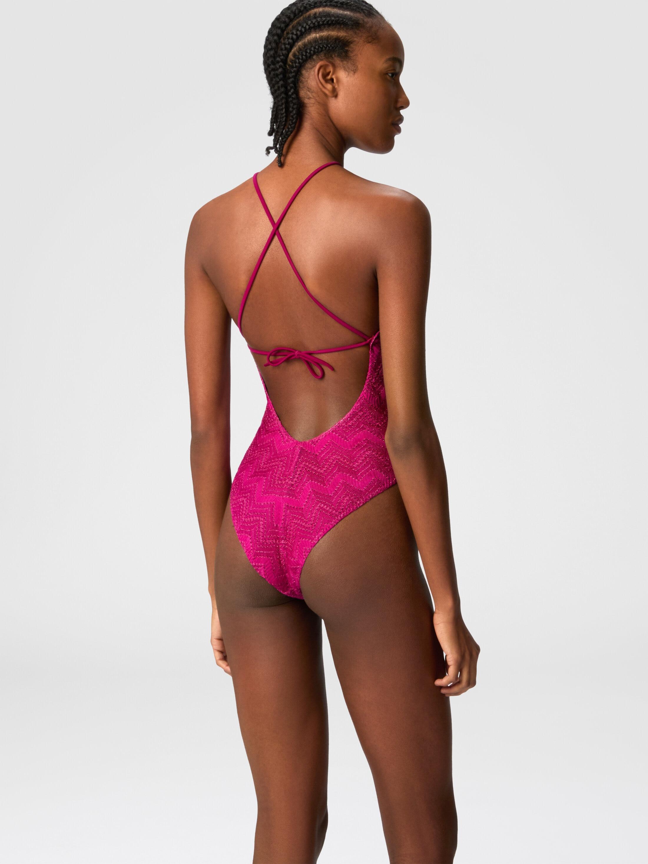 Zig zag lamé viscose one-piece swimsuit with halter neck Product Image