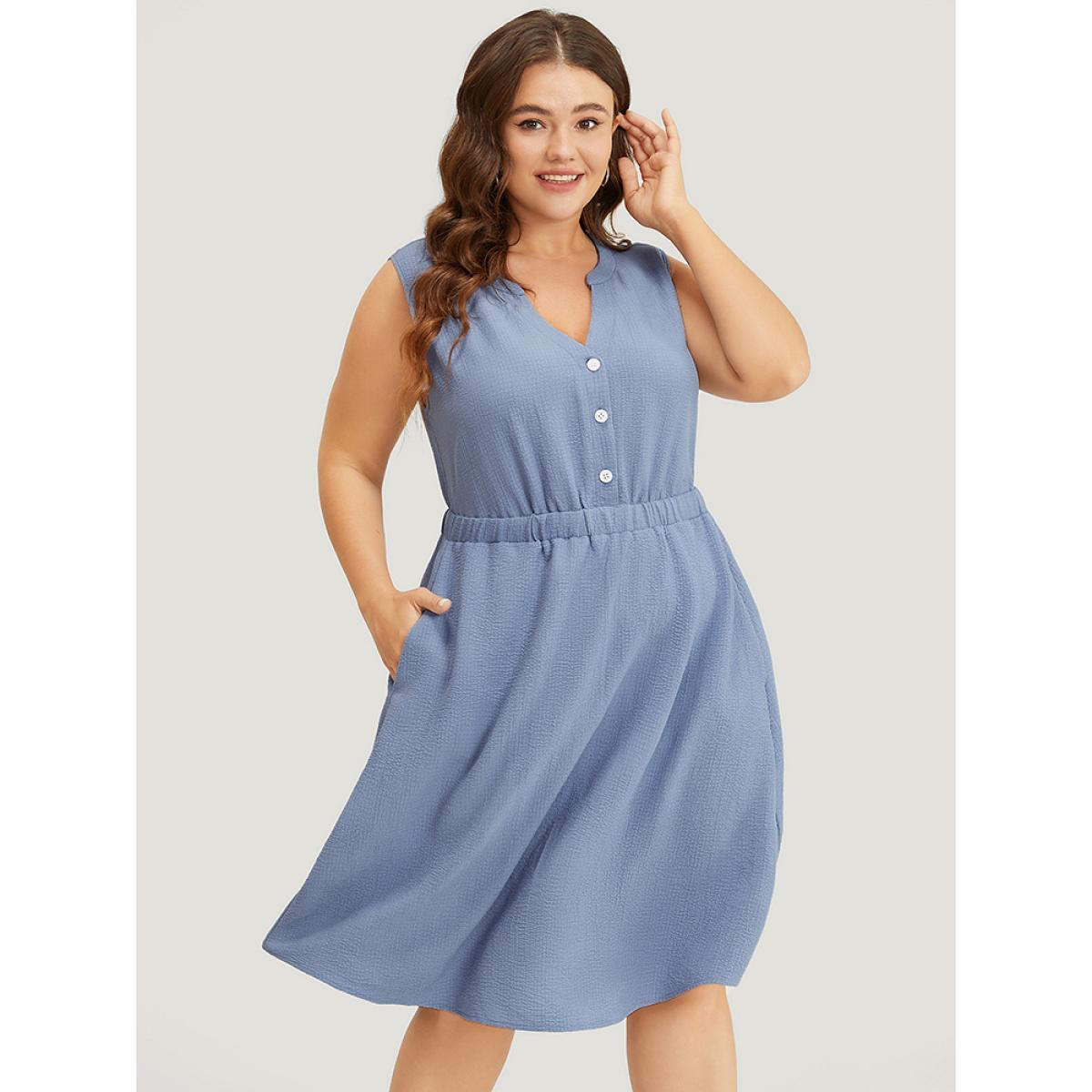 Plus Size Plain Textured Button Up Pocket Notched Neck Tank Dress Stone Women Office Elastic Waist Notched collar Sleeveless Curvy Knee Dress BloomChic 14-16/1X Product Image