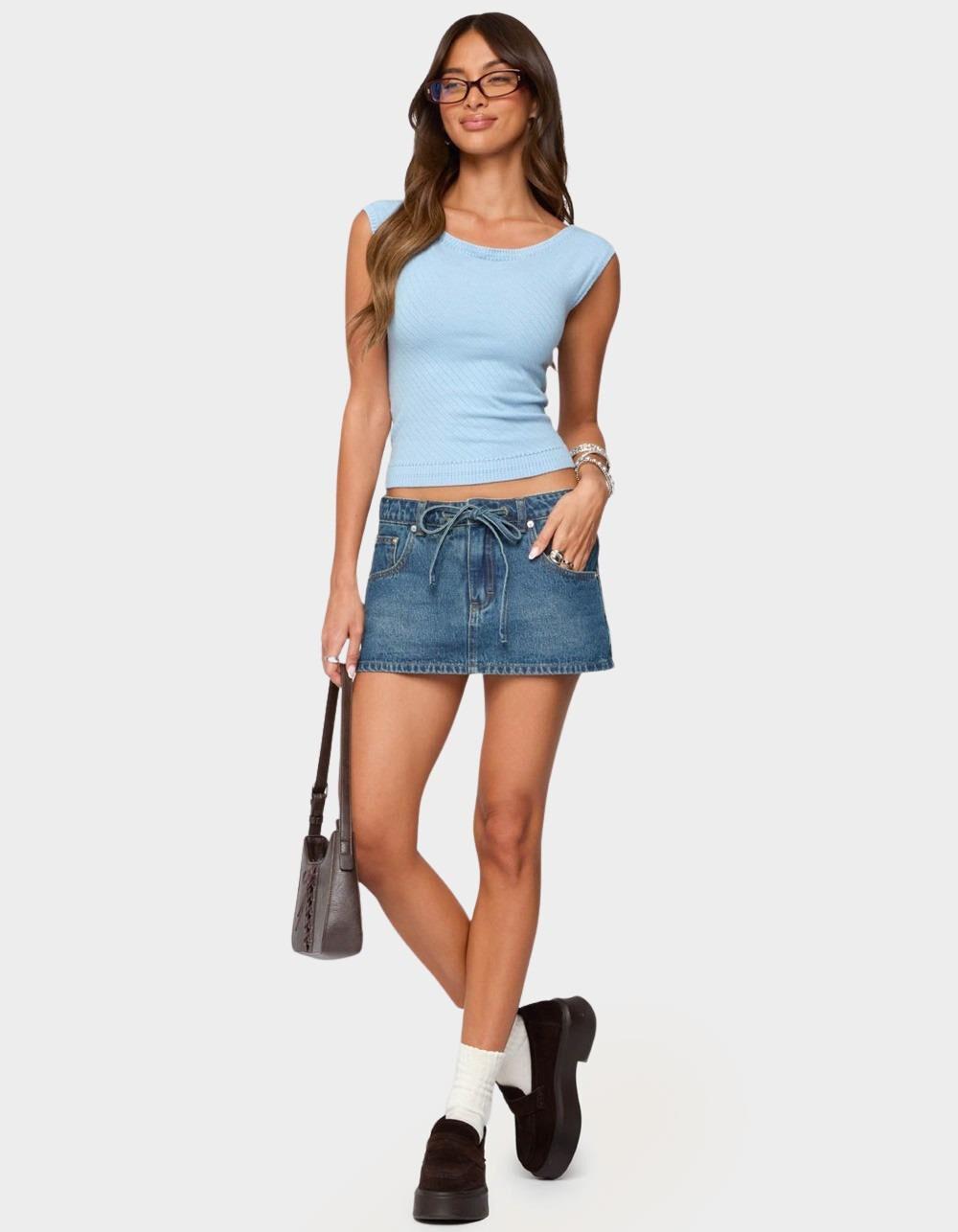 EDIKTED Jarah Pointelle Knit Boat Neck Top - LIGHT BLUE Product Image