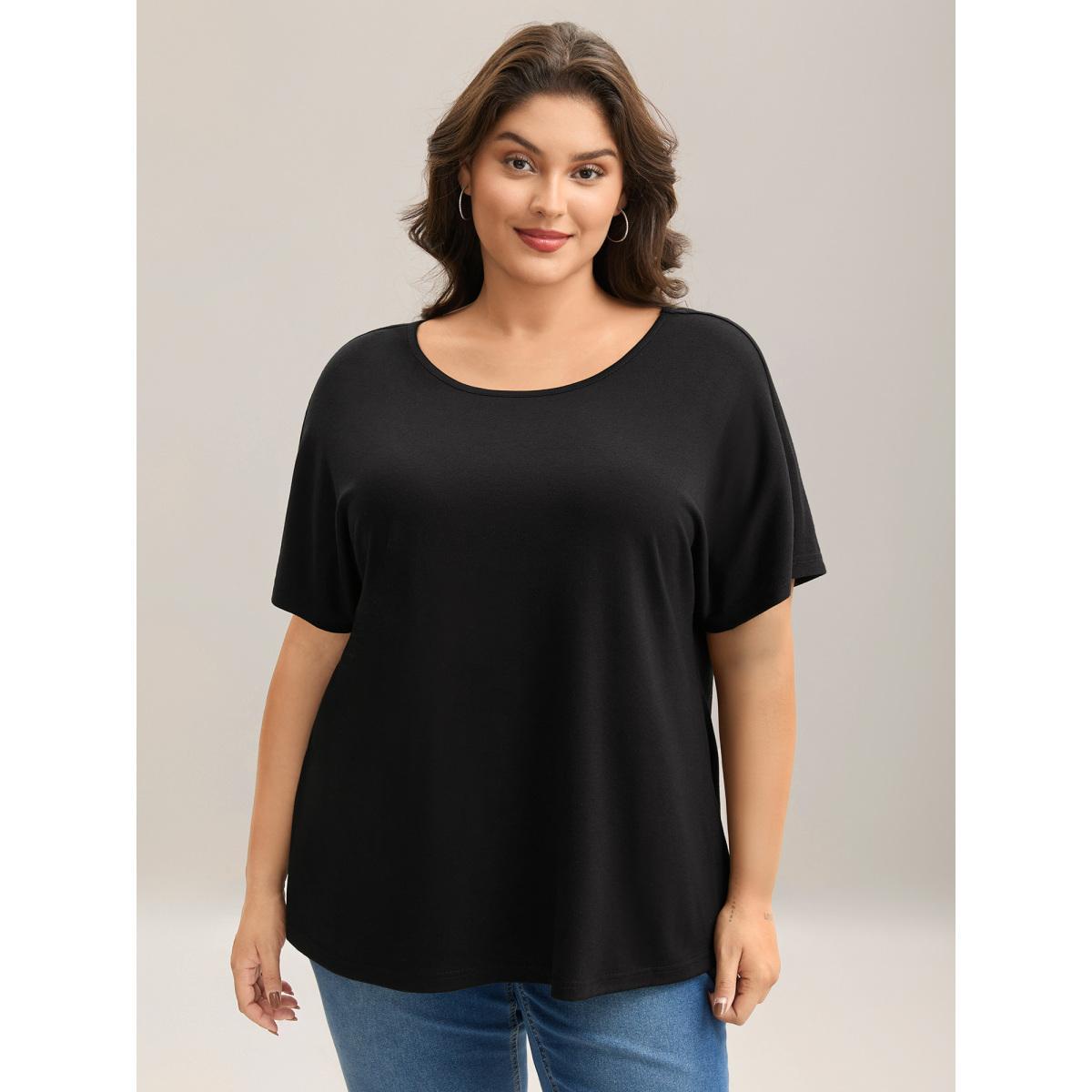 Plus Size Backless Knotted Plain T-Shirt Black Women Leisure Twist Round Neck Casual T-shirts BloomChic 26/4X Product Image