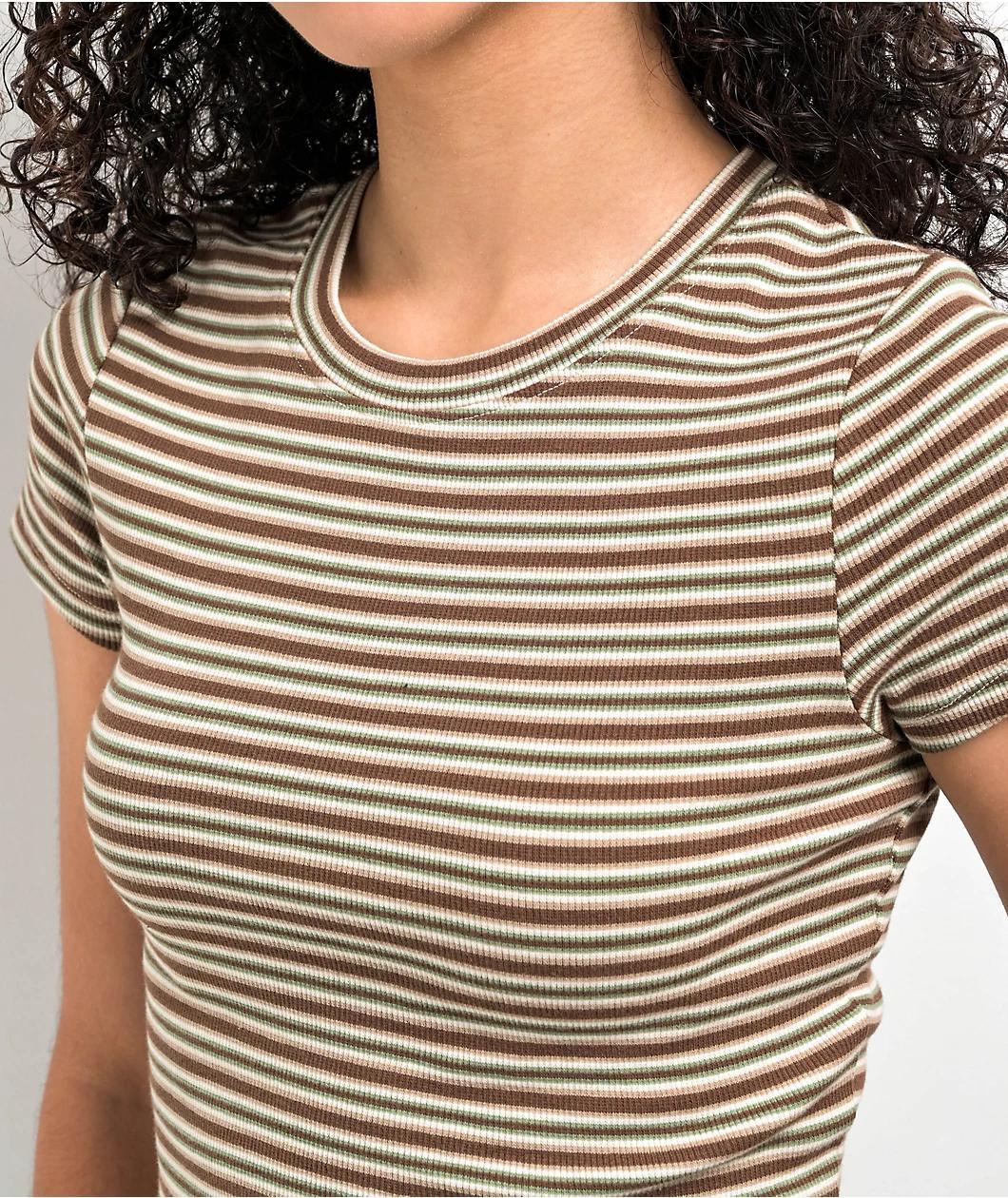 Zine Irina Green & Brown Crop Stripe T-Shirt Product Image