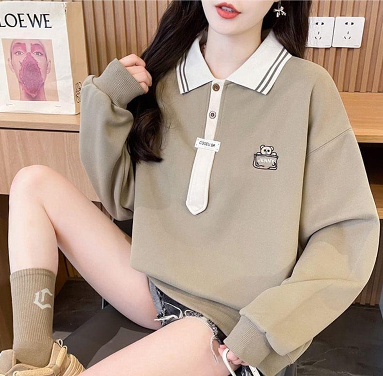 Striped Collar Cartoon Embroidered Polo Pullover Product Image