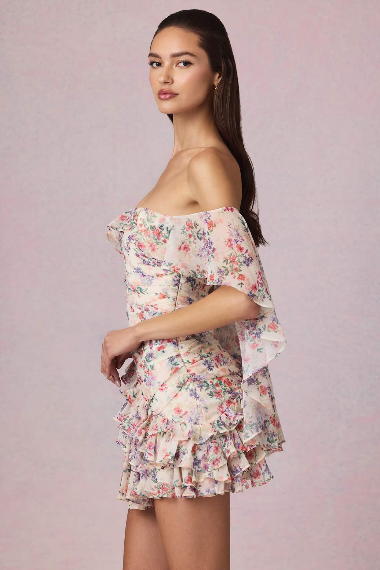Off-Shoulder Ruffled Mini Dress in Primrose Floral Print Product Image