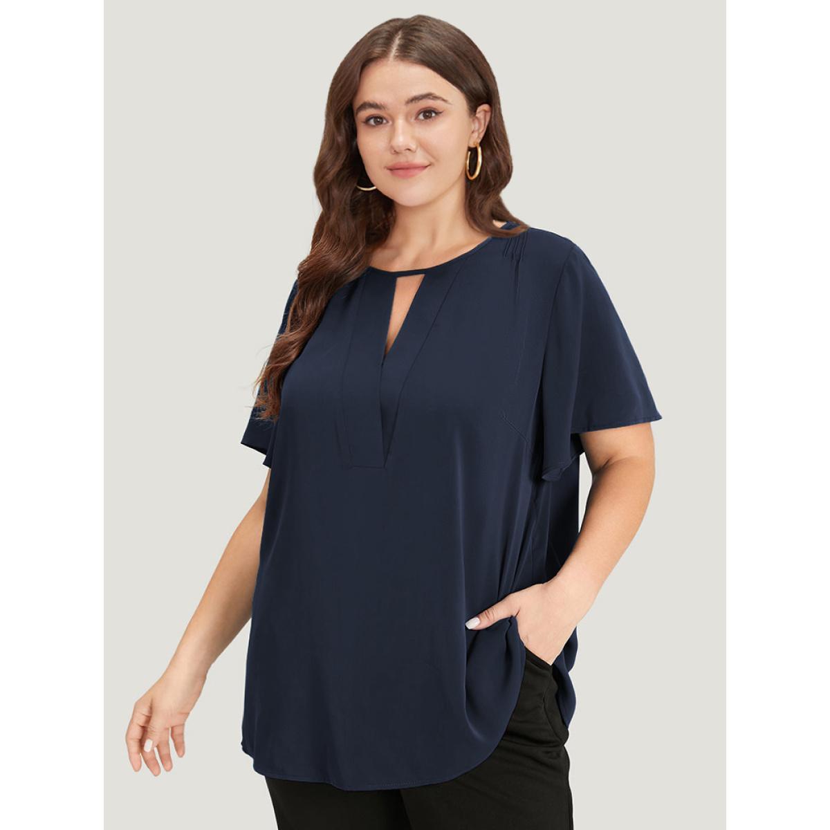 Plus Size Indigo Plain Cut Out Flutter Sleeve Pleated Blouse Women Office Short sleeve V-neck Work Blouses BloomChic 26/4X Product Image