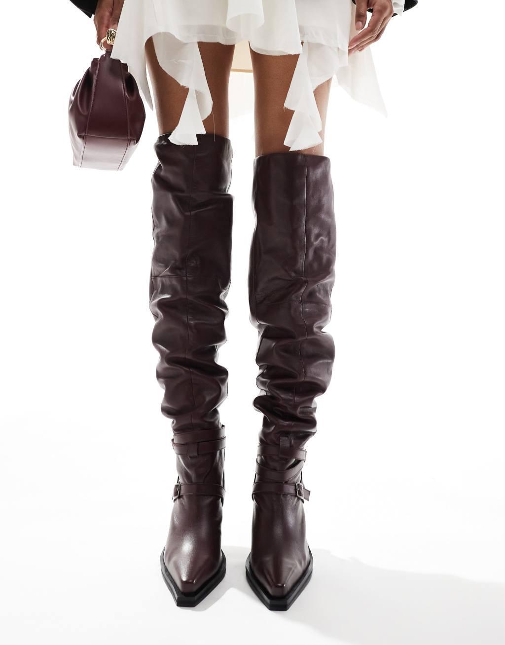 ASOS DESIGN Kingfisher leather ruched over the knee boots with buckles in burgundy Product Image