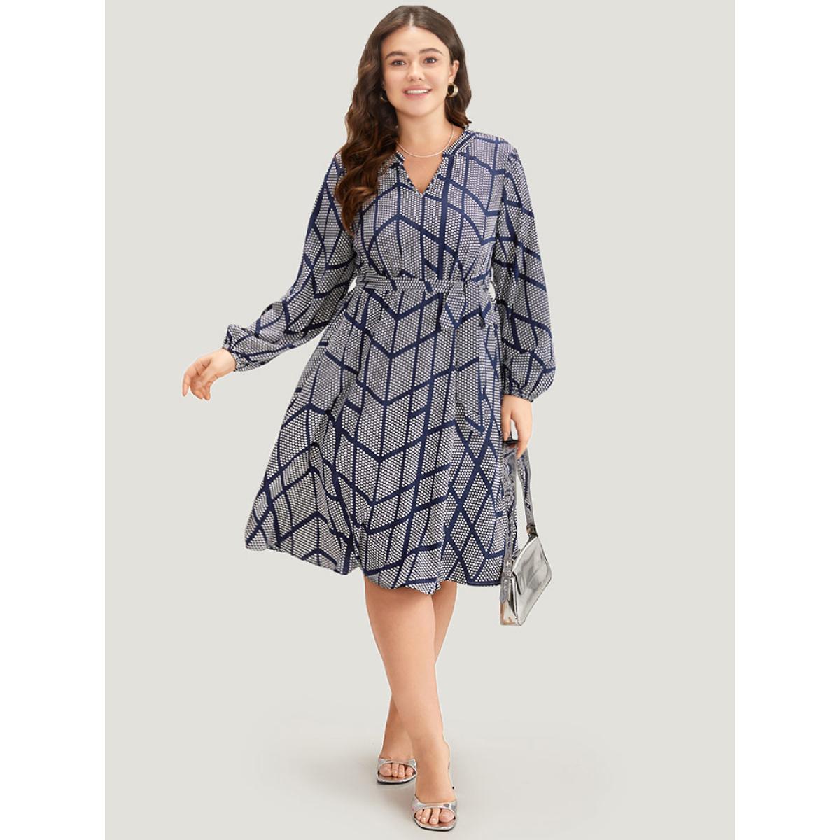 Plus Size Polka Dot Geometric Belted Lantern Sleeve Dress Black Women Office Elastic cuffs Notched collar Long Sleeve Curvy Midi Dress BloomChic 10/M Product Image