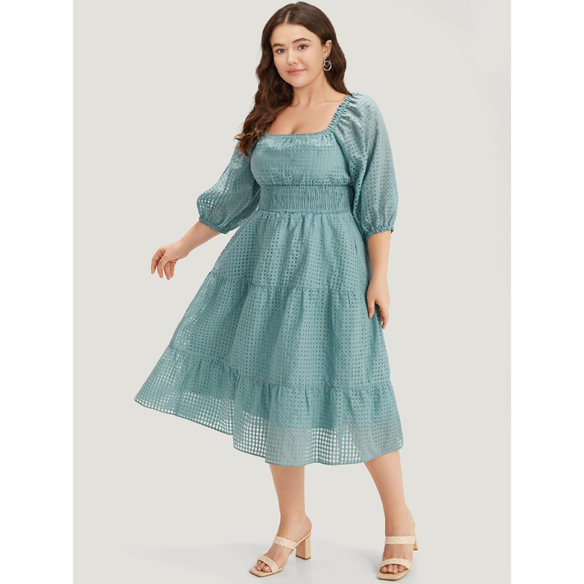 Plus Size Plain Gathered Texture Shirred Pocket Lantern Sleeve Dress Cerulean Women Elegant Elastic cuffs Square Neck Elbow-length sleeve Curvy Midi Dress BloomChic 30/6X Product Image