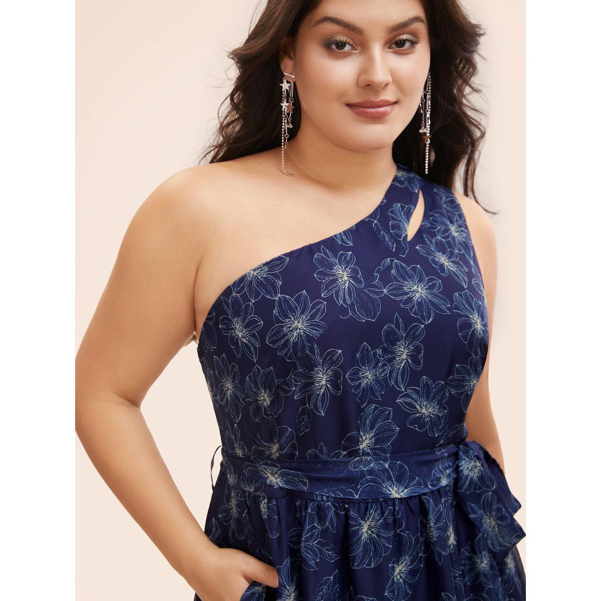 Plus Size Floral Asymmetrical Neck Mesh Belted Dress DarkBlue Women Cocktail See through Party Curvy Bloomchic 22-24/3X Product Image