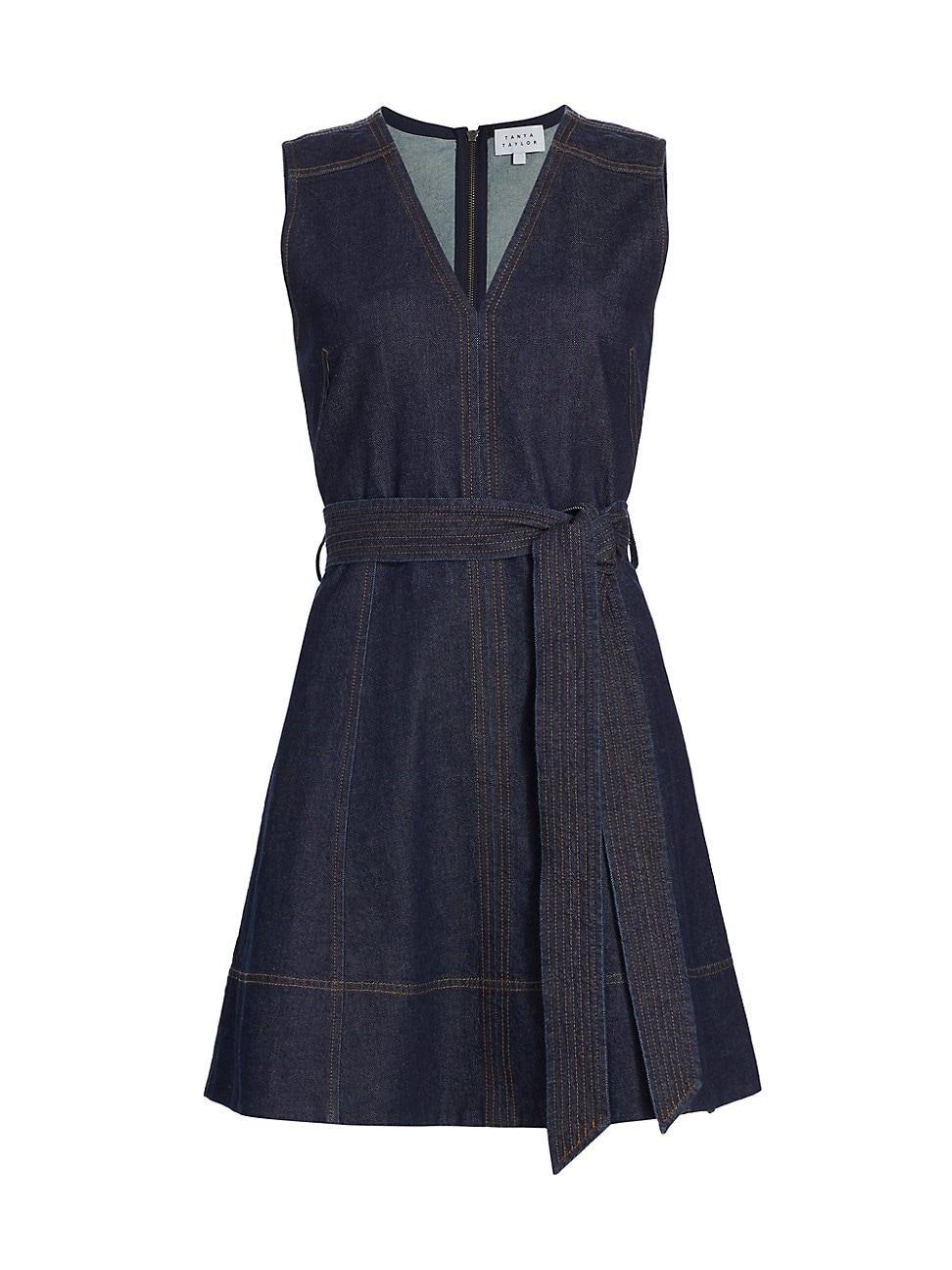 Reina Sleeveless Belted Fit & Flare Denim Mini Dress Product Image