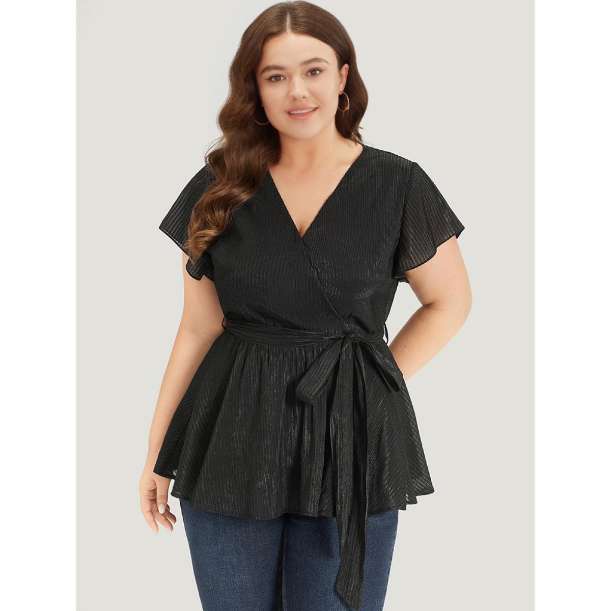 Plus Size Black Plain Plisse Surplice Neck Belted Flutter Blouse Women Elegant Short sleeve V-neck Dailywear Blouses BloomChic 30/6X Product Image