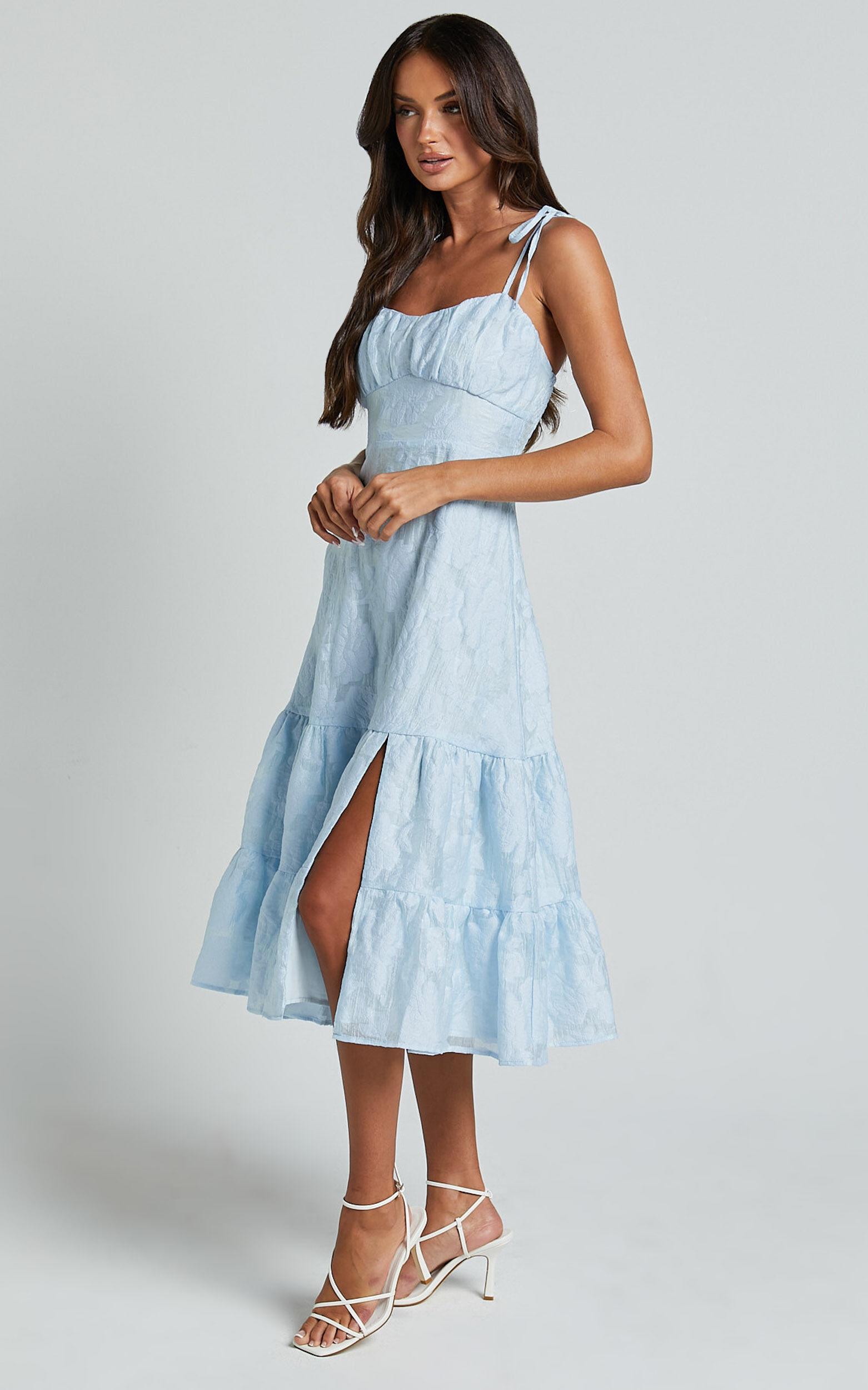 Jovena Midi Dress - Gathered Bodice Tiered Dress in Blue Product Image