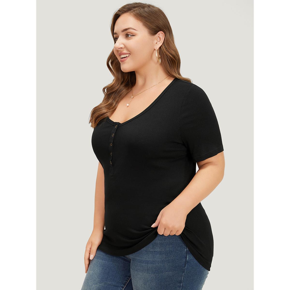 Plus Size Plain Scoop Neck Button Through Rib Knit T-shirt Black Women Casual Button Plain Scoop Neck Skinny Dailywear T-shirts BloomChic 10/M Product Image