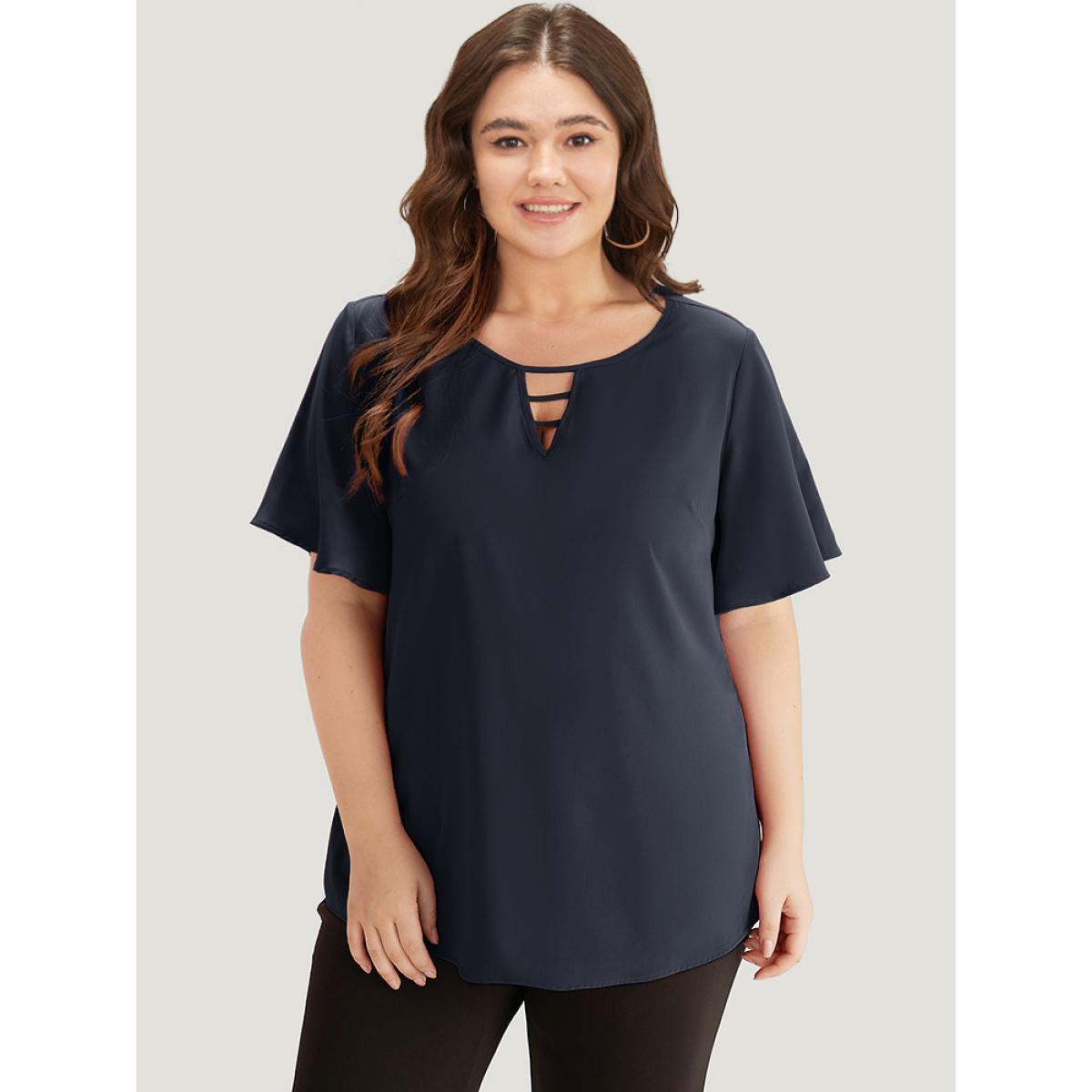 Plus Size Indigo Plain Ruffle Sleeve Cut Out Blouse Women Office Short sleeve Keyhole Cut-Out Office Blouses BloomChic 12/L Product Image