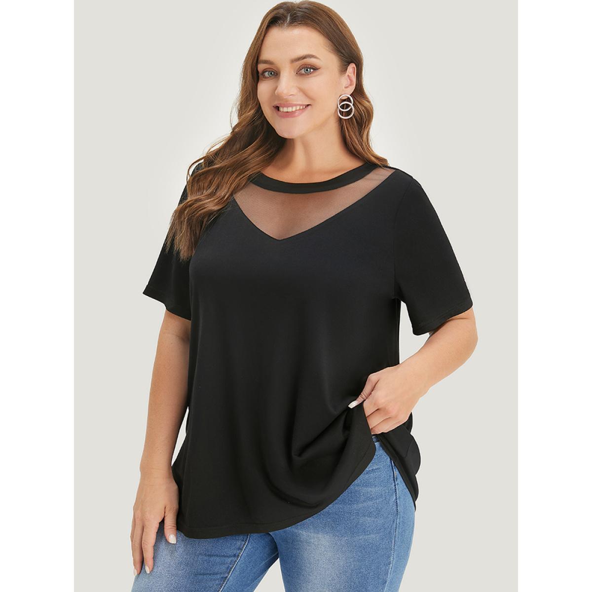 Plus Size Solid Round Neck Mesh Patchwork T-shirt Black Women Elegant See through Plain Round Neck Dailywear T-shirts BloomChic 30/6X Product Image