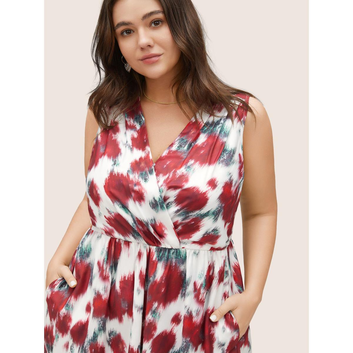 Plus Size Graphic Contrast Pocket Surplice Neck Tank Dress Multicolor Women Elegant Non Overlap Collar Sleeveless Curvy Midi Dress BloomChic 28/5X Product Image
