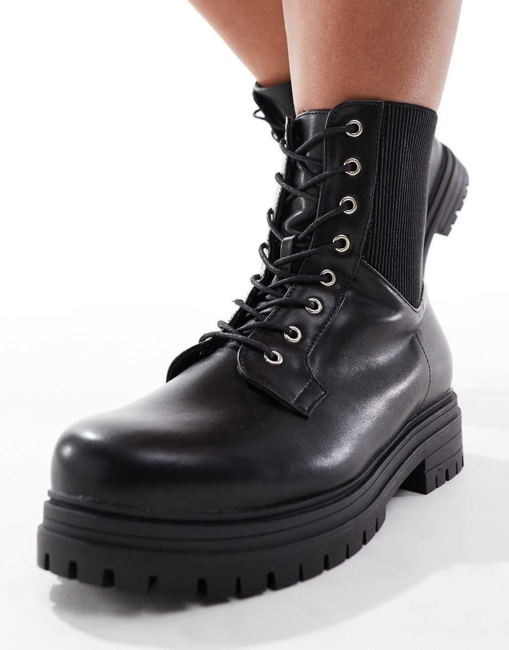 Yours lace up chunky ankle boots in black Product Image