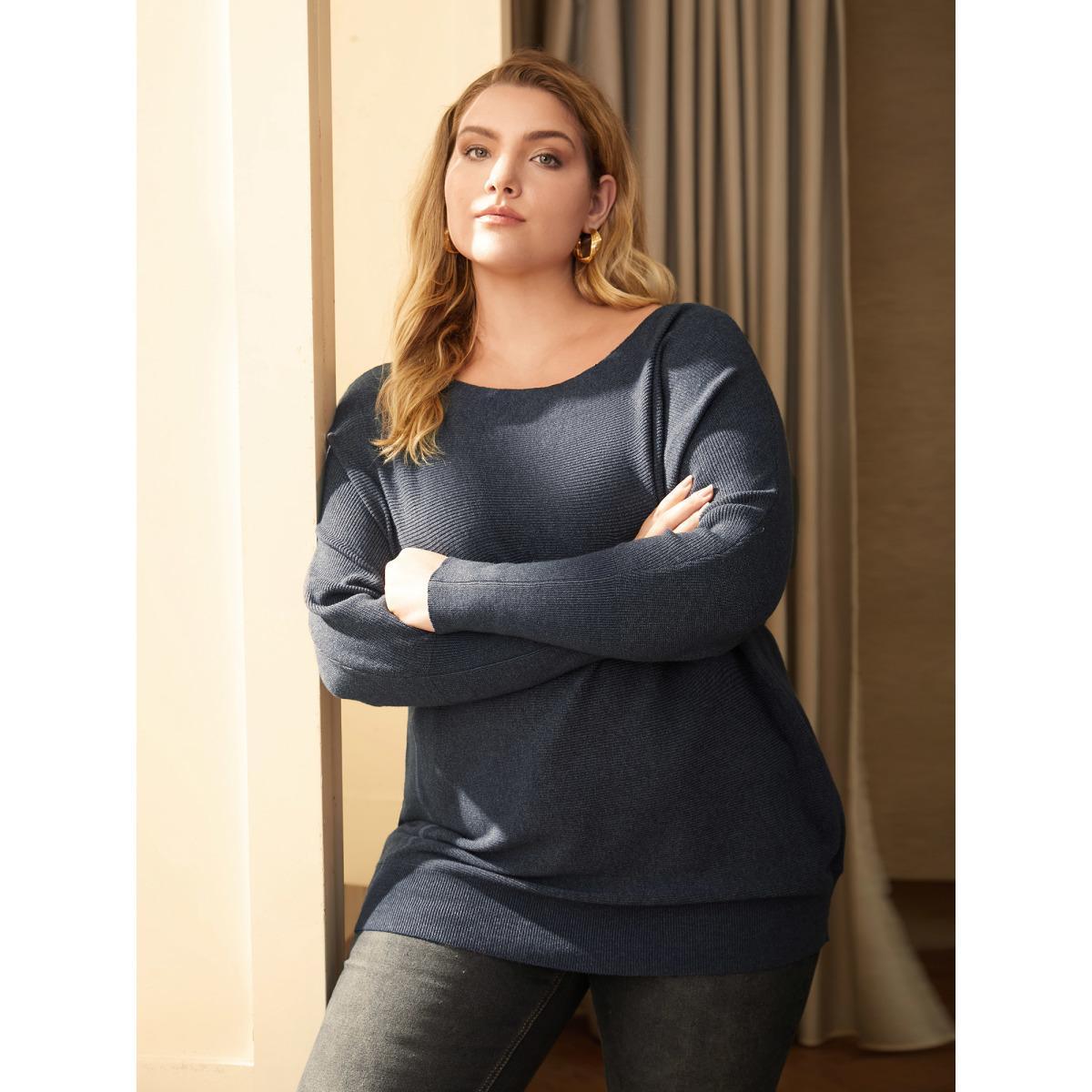 Plus Size Supersoft Dolman Sleeve Pullover Indigo Women Casual Loose Long Sleeve Boat Neck Everyday Pullovers BloomChic 10/M Product Image