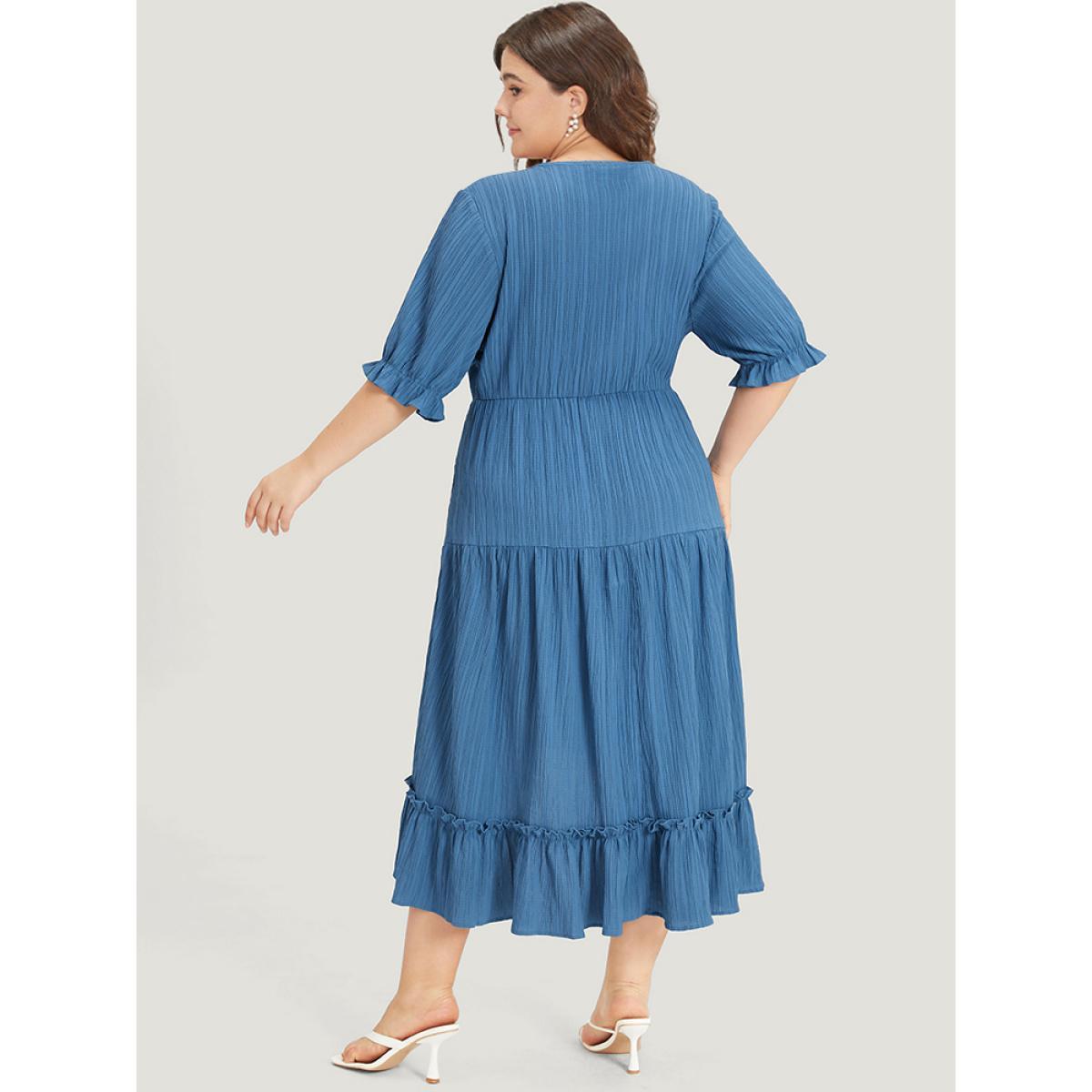 Plus Size Solid Textured Pocket Overlap Collar Flutter Trim Dress Stone Women Elegant Texture V-neck Half Sleeve Curvy Midi Dress BloomChic 12/L Product Image