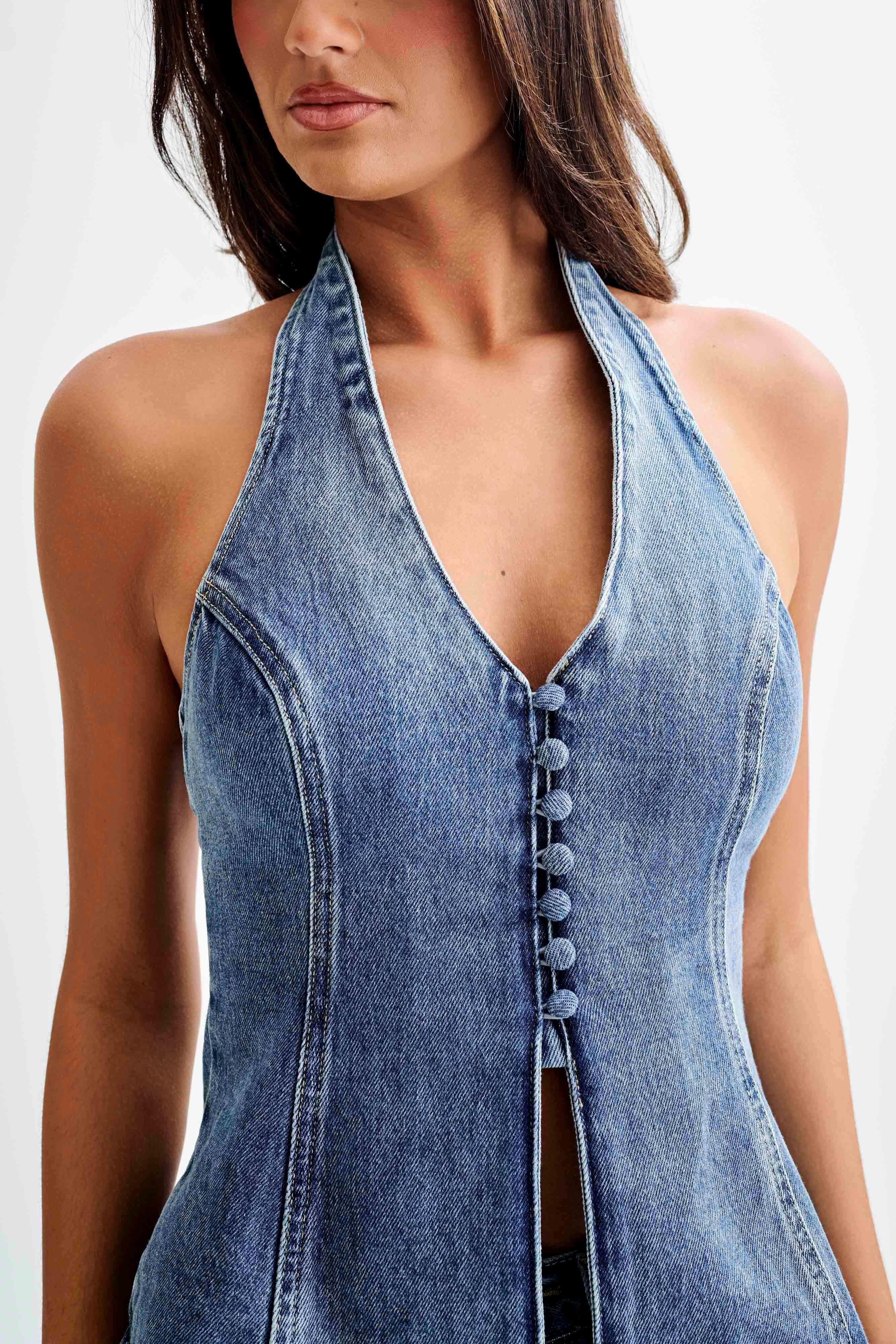 India Button Front Halter Denim Longline Top - Washed Mid Blue Product Image