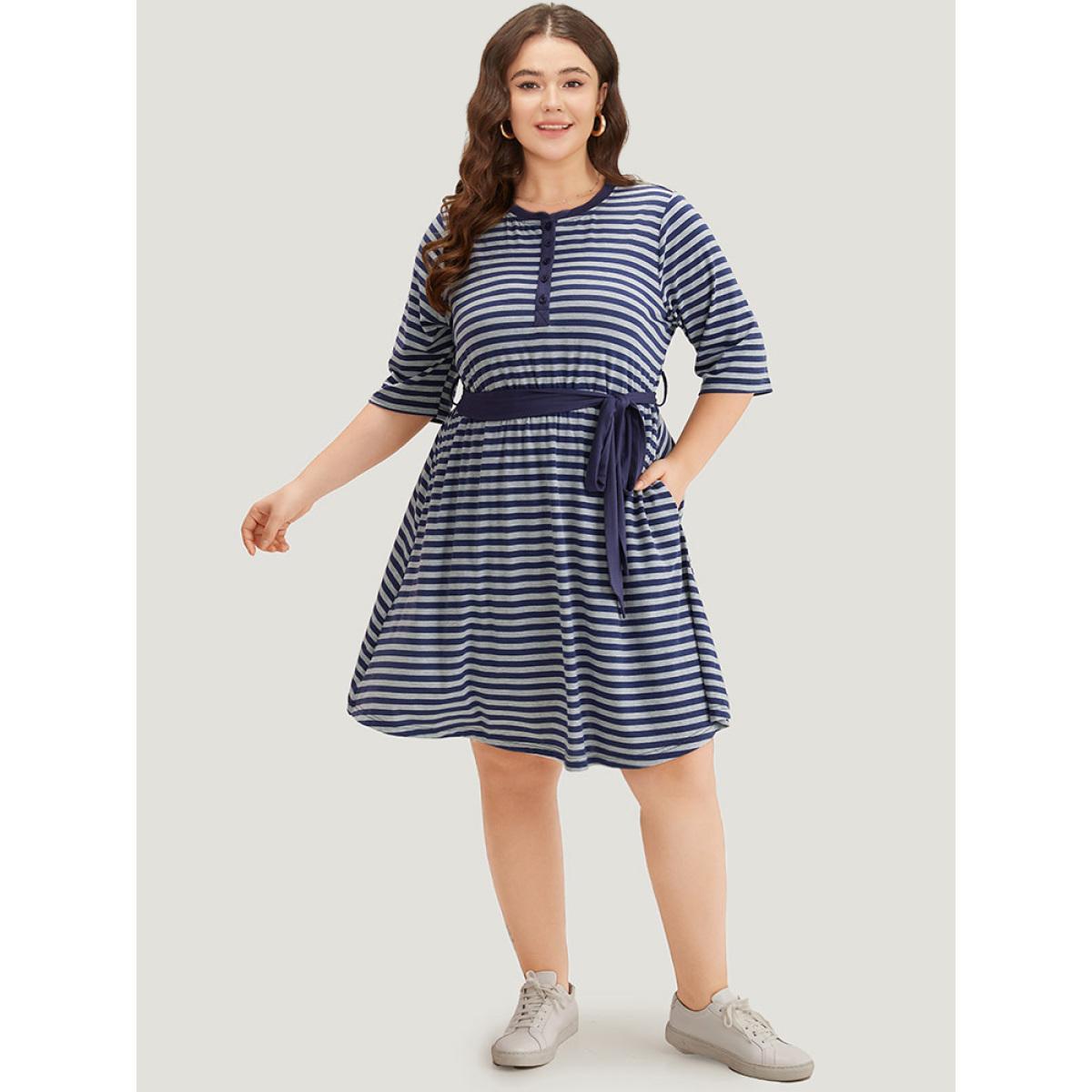 Plus Size Striped Pocket Button Up Belted Crew Neck Dress Indigo Women Casual Belted Round Neck Half Sleeve Curvy Midi Dress BloomChic 14-16/1X Product Image
