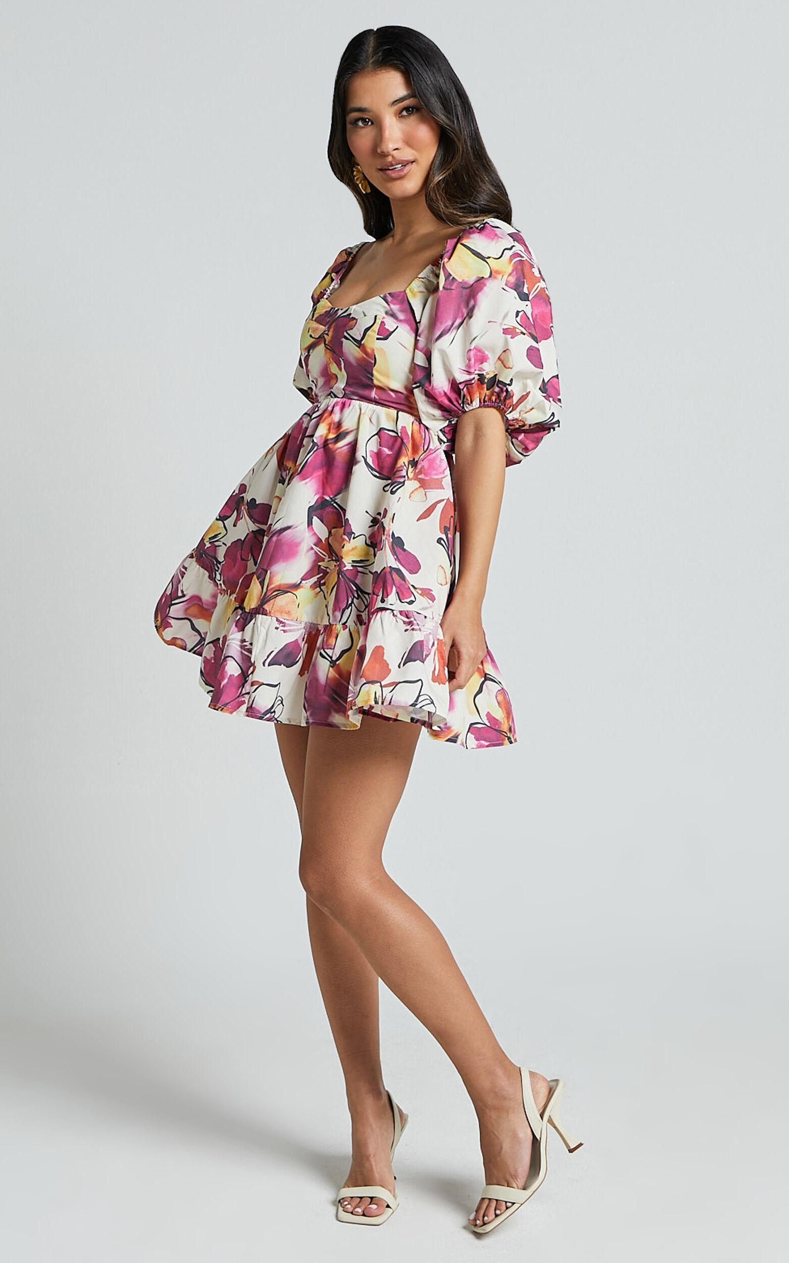 Gretchen Mini Dress - Puff Sleeve Babydoll Dress in Dahlia Dusk Floral Product Image