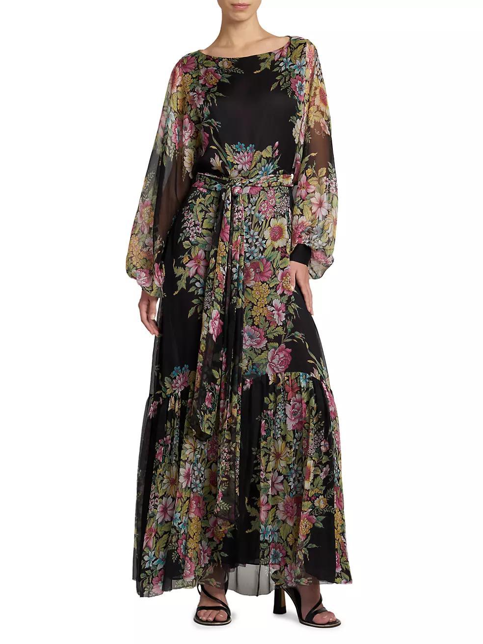 Silk Floral Long-Sleeve Maxi Dress Product Image