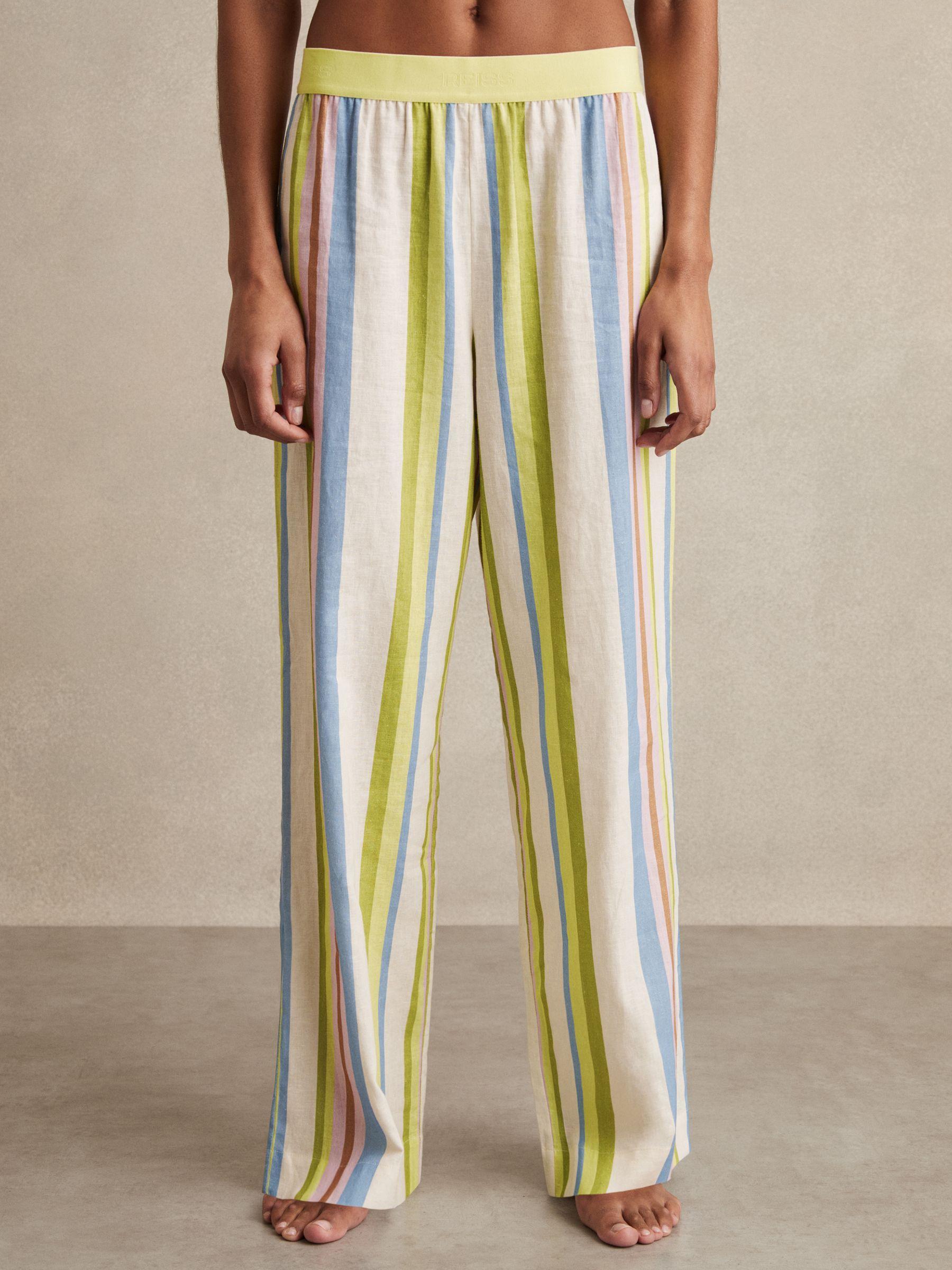 Linen-Blend Stripe Trousers in Green/Blue Product Image